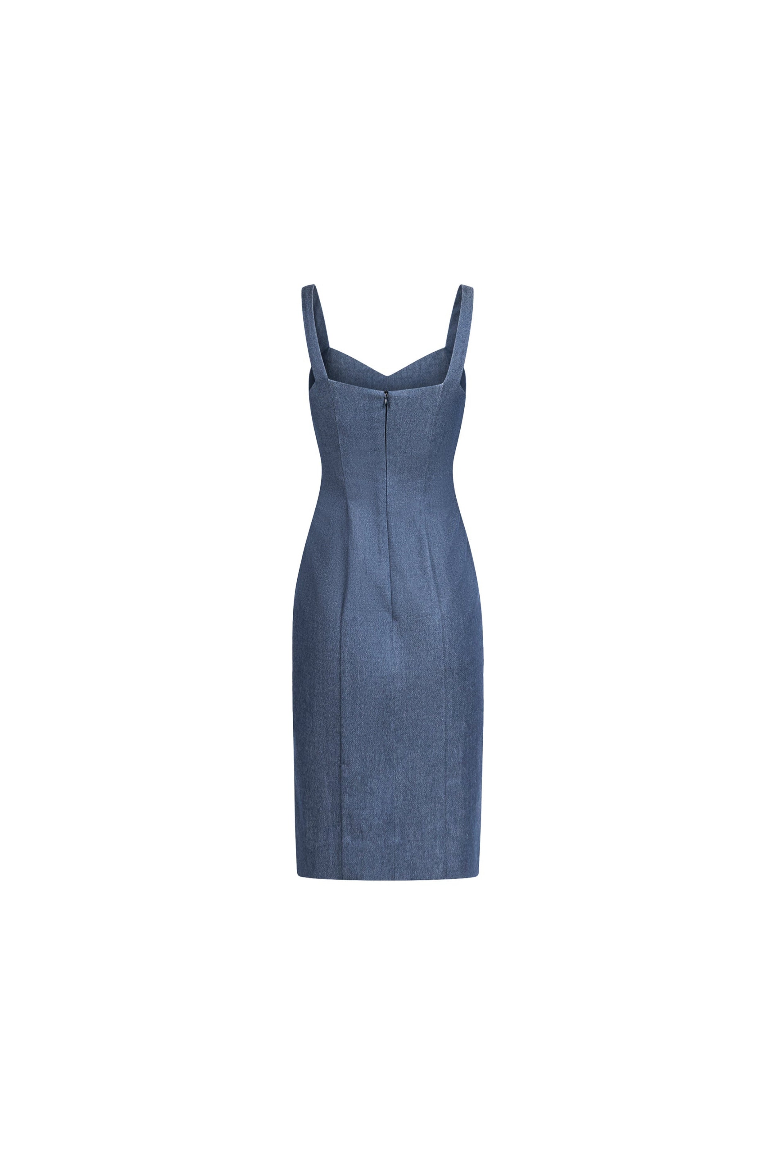 Back view of light blue designer midi dress showing zip closure and contoured seams