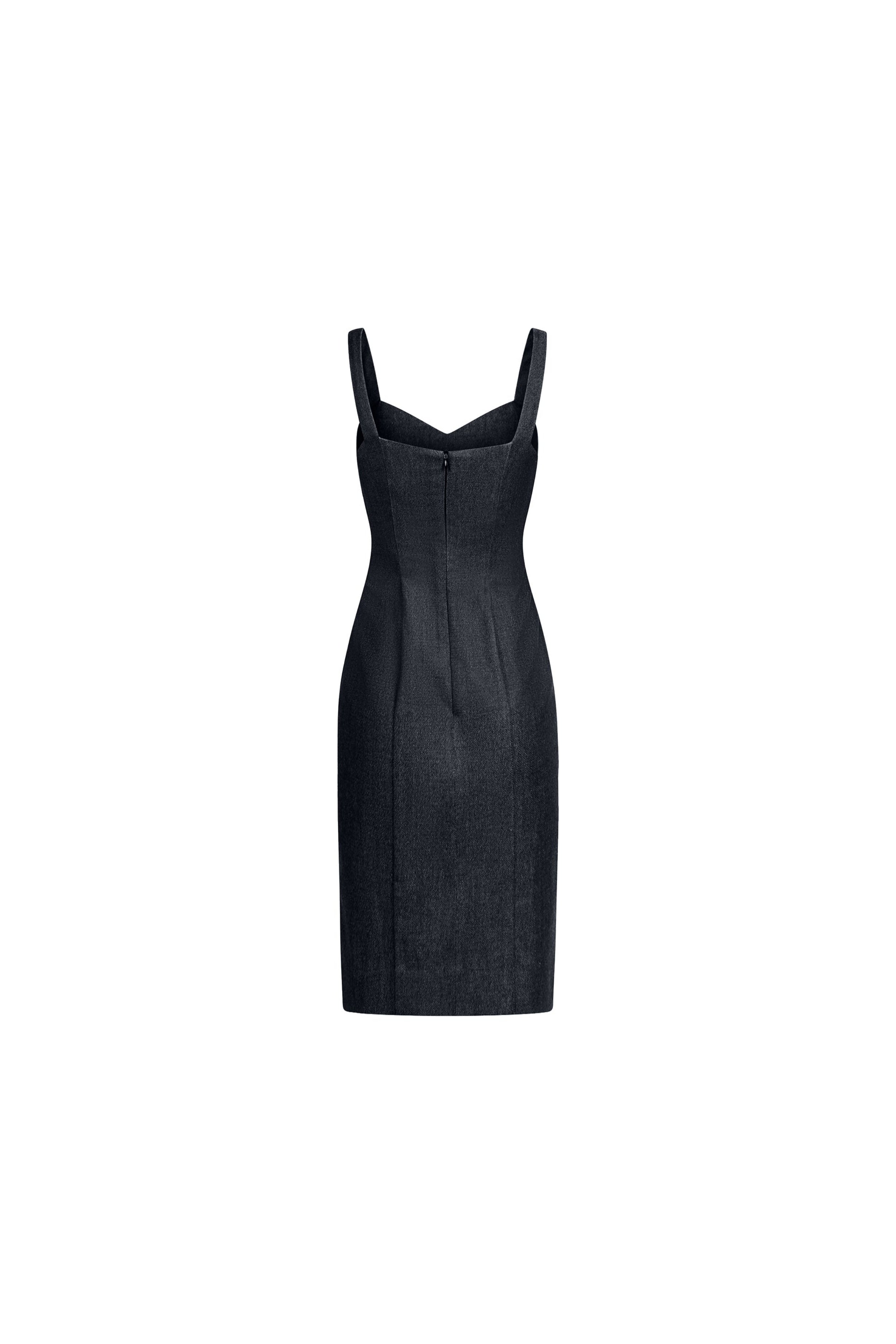 Back view of dark blue midi dress highlighting sculptural tailoring and structured fit
