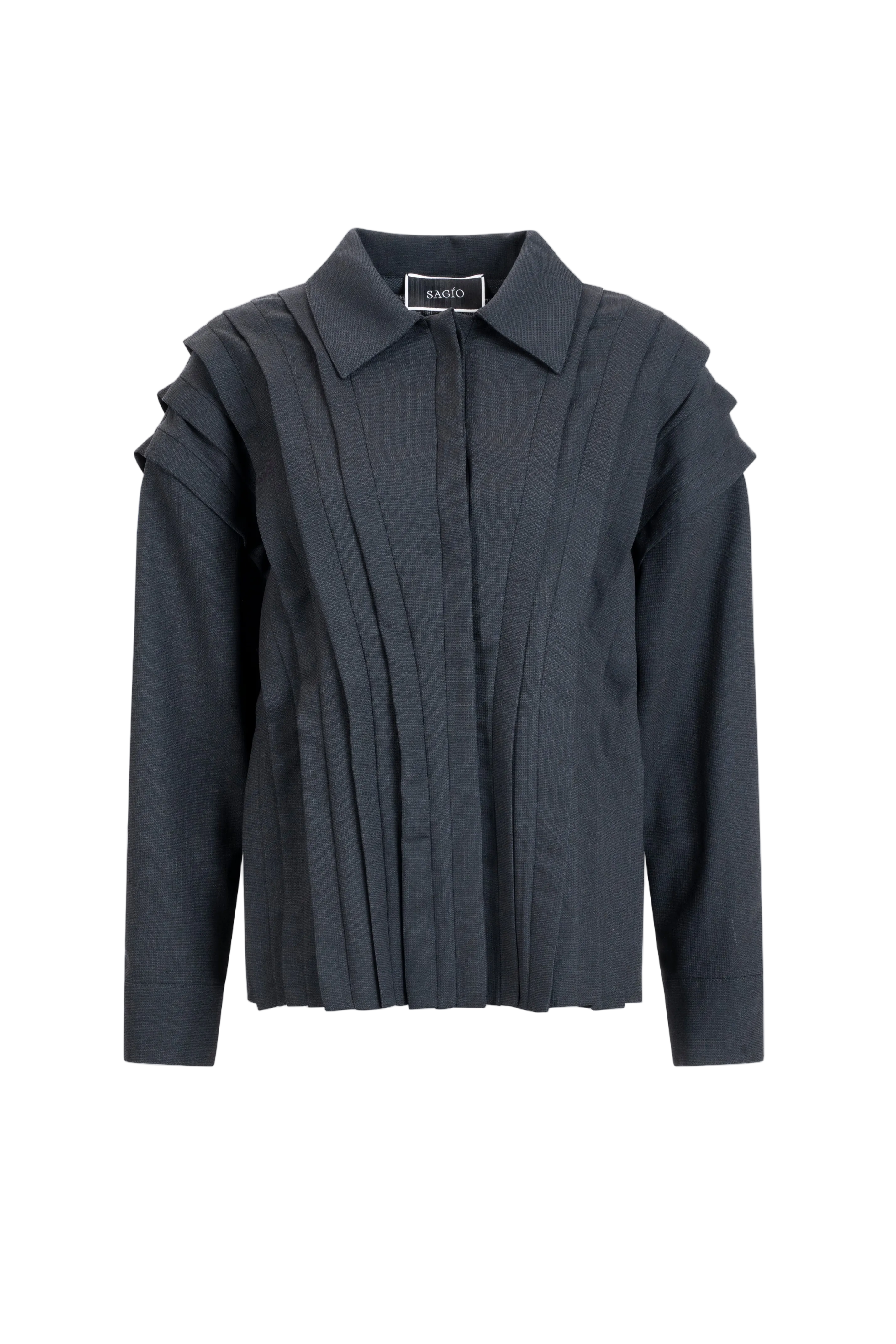 Structured pleated wool blouse by SAGIO with sculptural detailing