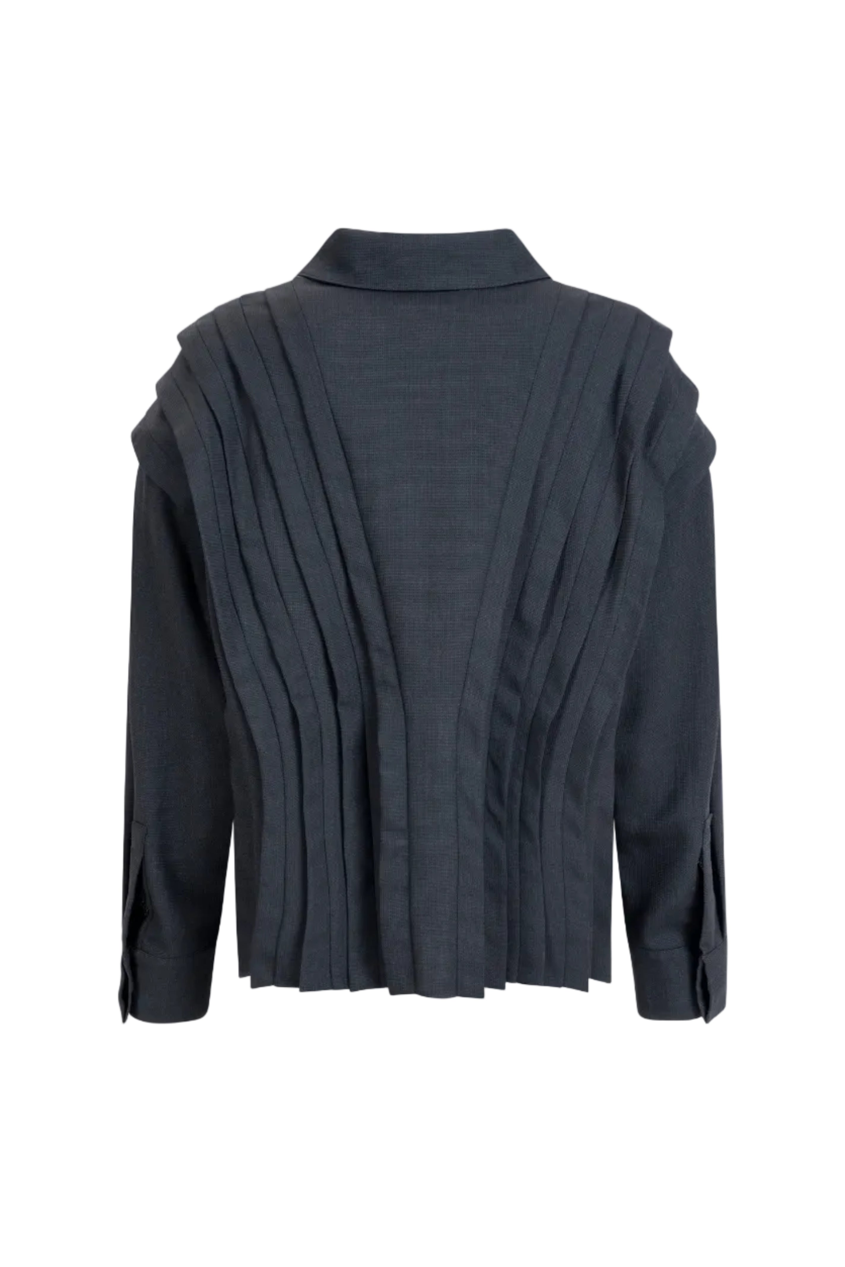 Black wool blouse showing layered pleated back panels, collar and long sleeves; structured short blouse for women.