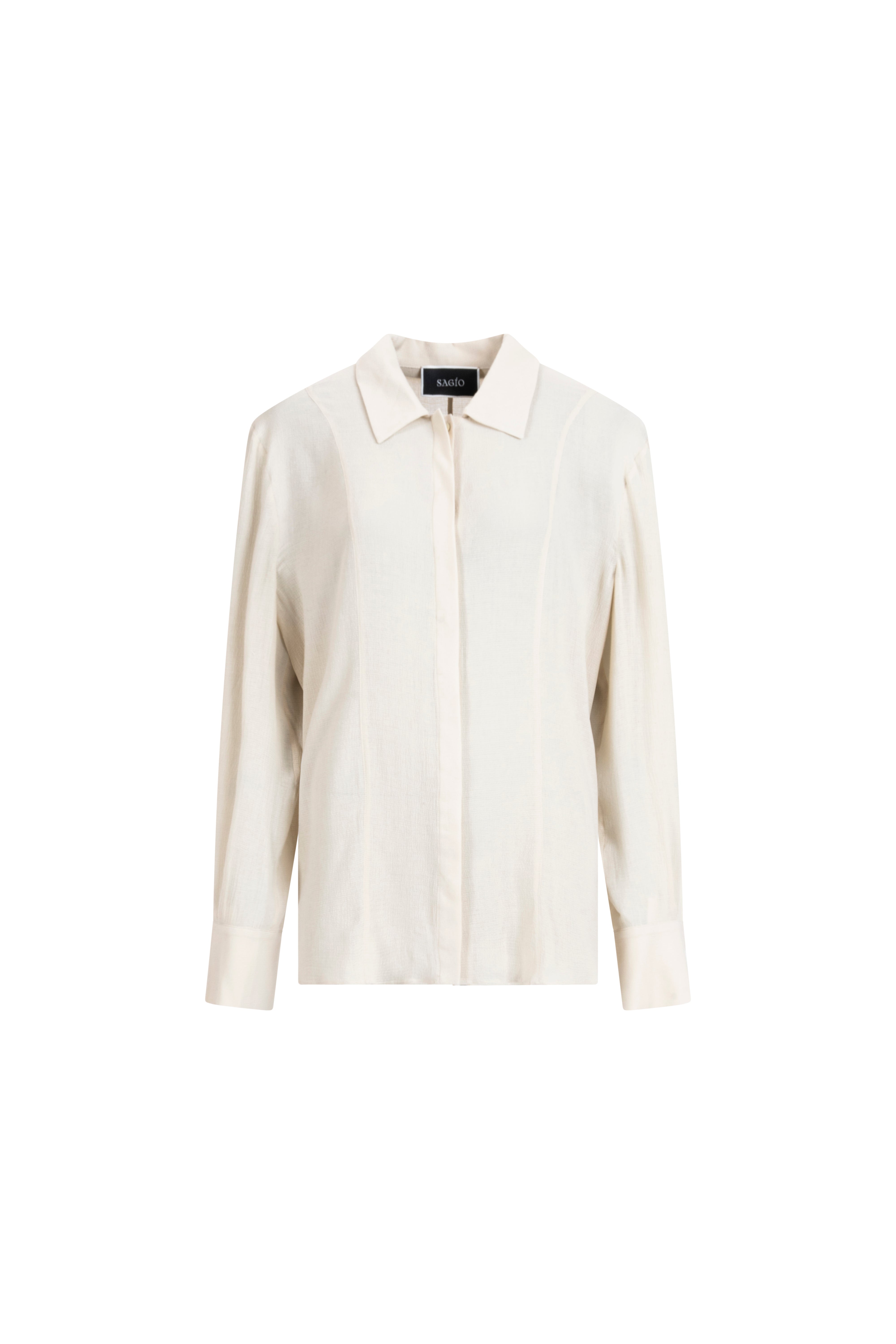 Ivory viscose-wool classic blouse with concealed placket and collar, long sleeves.