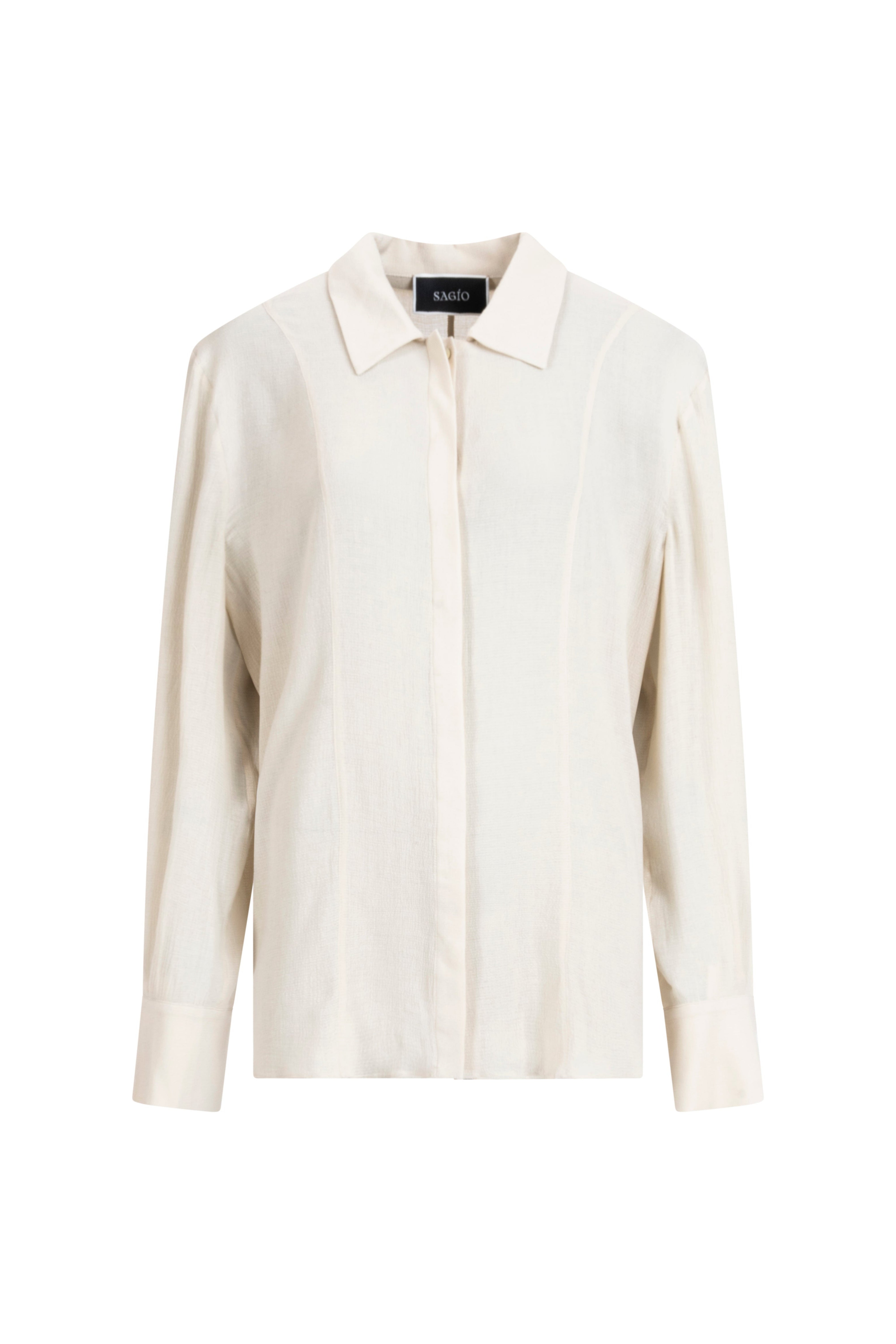 Ivory viscose-wool classic blouse with concealed placket and collar, long sleeves.
