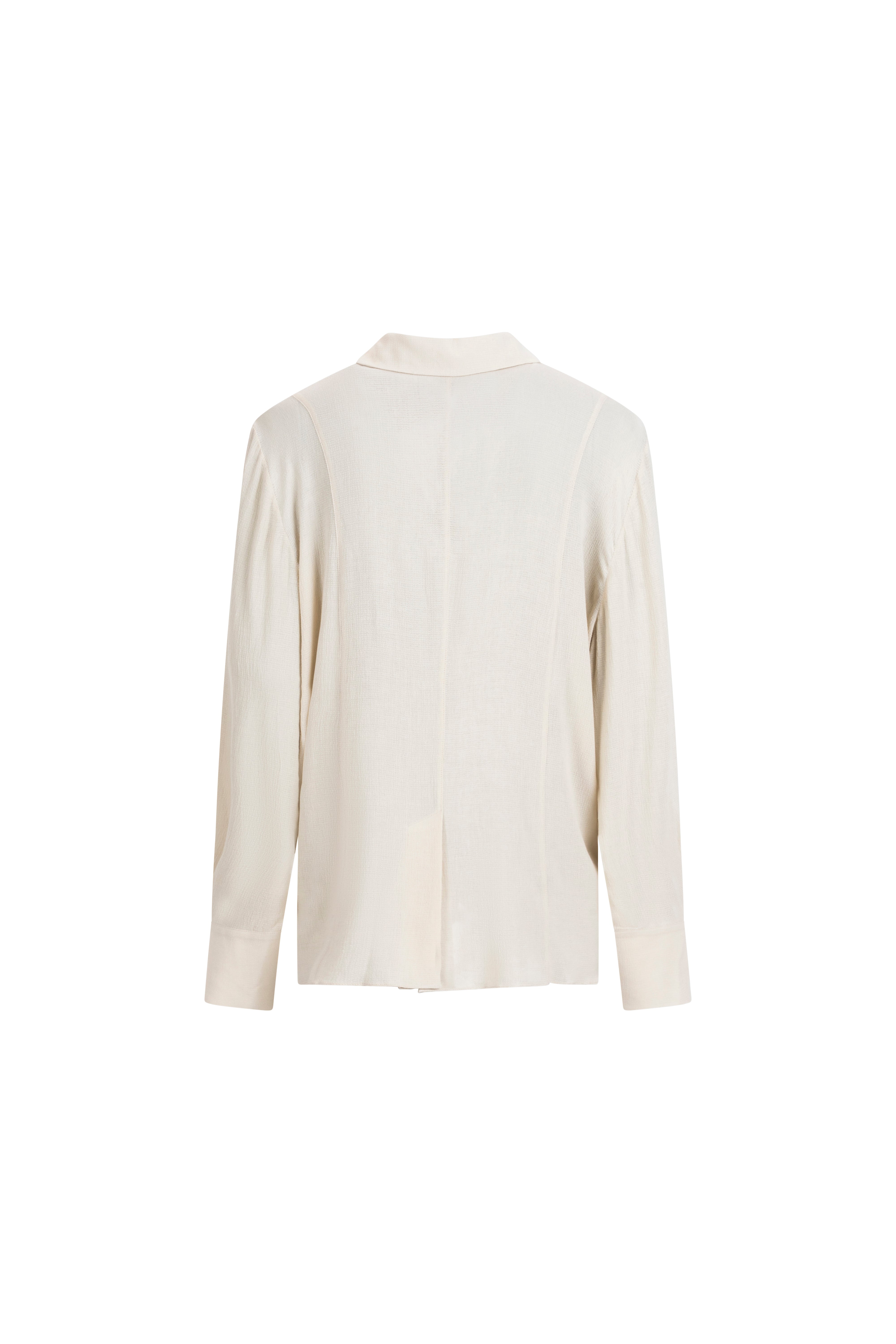 Ivory viscose-wool blouse showing soft drape, center seam and straight hem.