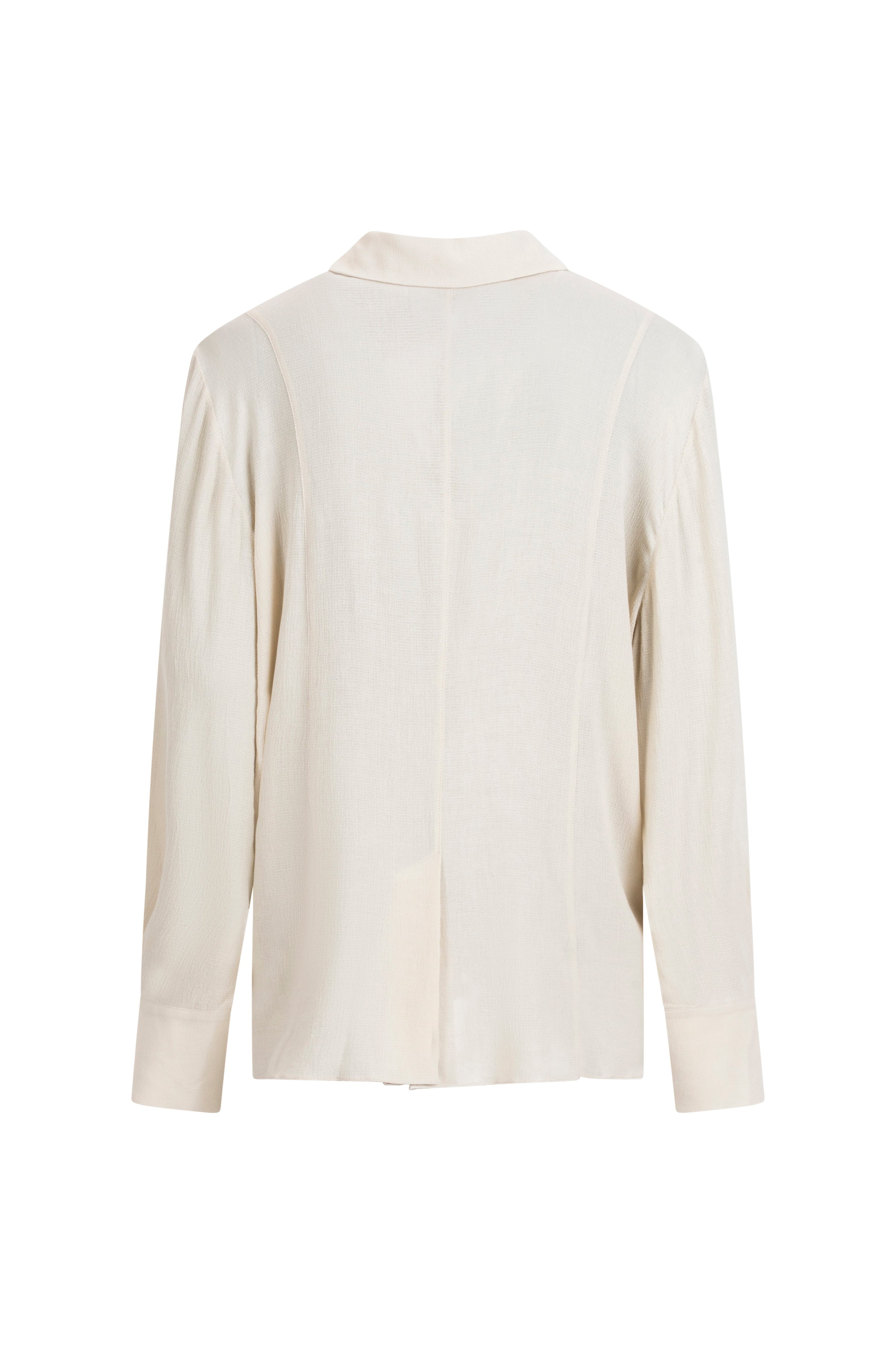 Ivory viscose-wool blouse showing soft drape, center seam and straight hem.