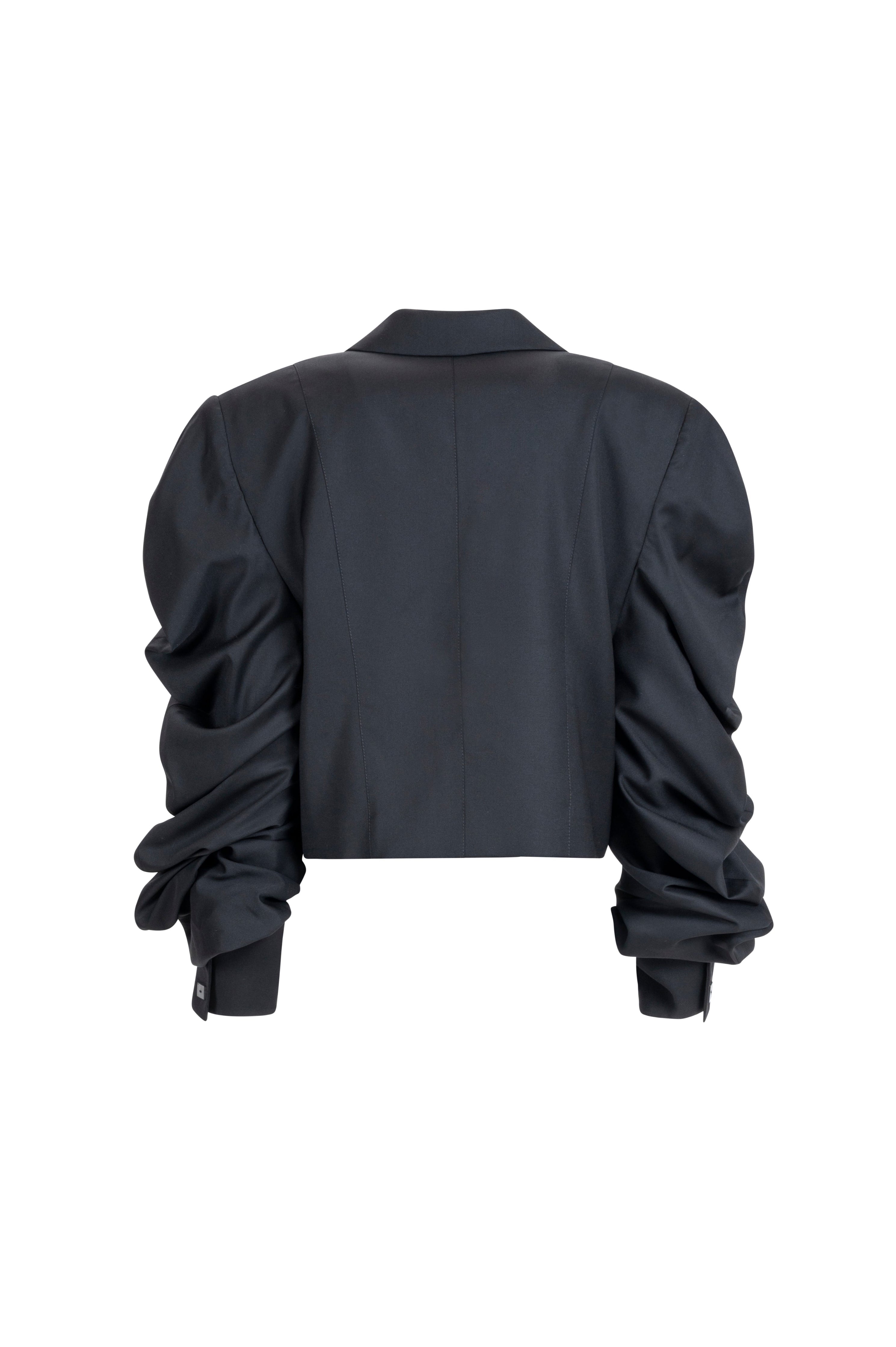 Women’s black cropped blazer with ruched sleeves and cuff detail