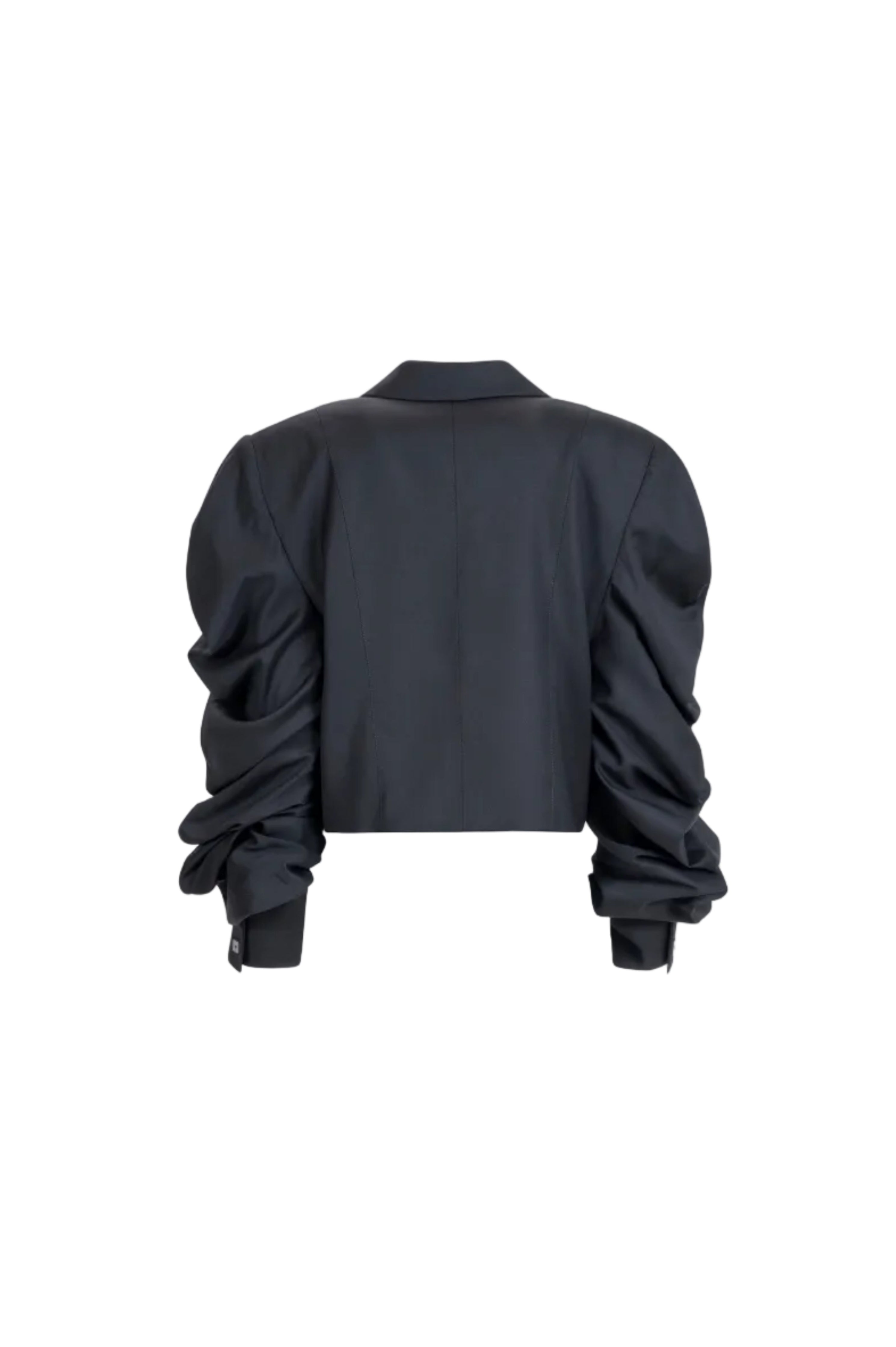 Women’s black cropped blazer with ruched sleeves and cuff detail