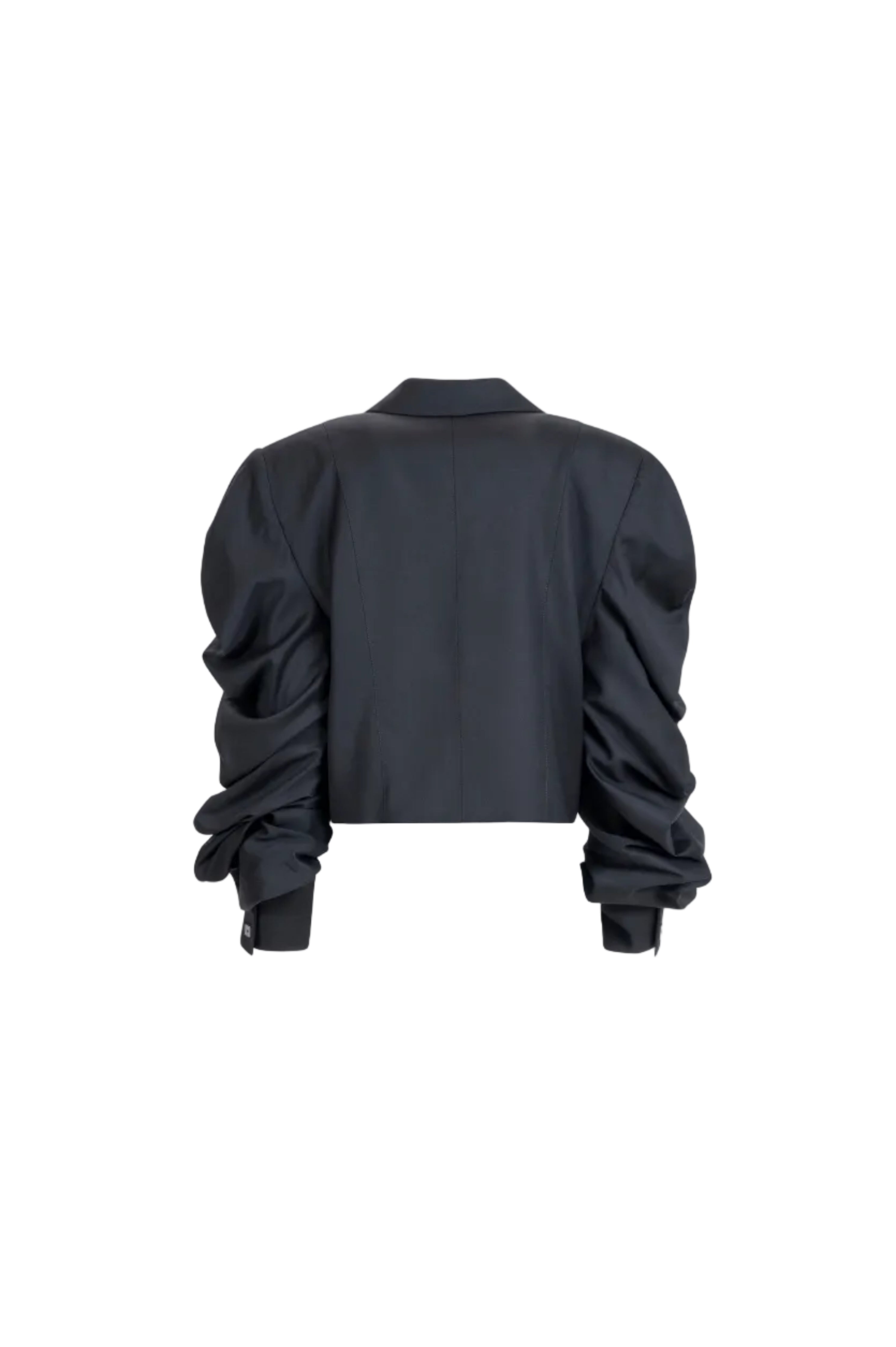 Women’s black cropped blazer with ruched sleeves and cuff detail