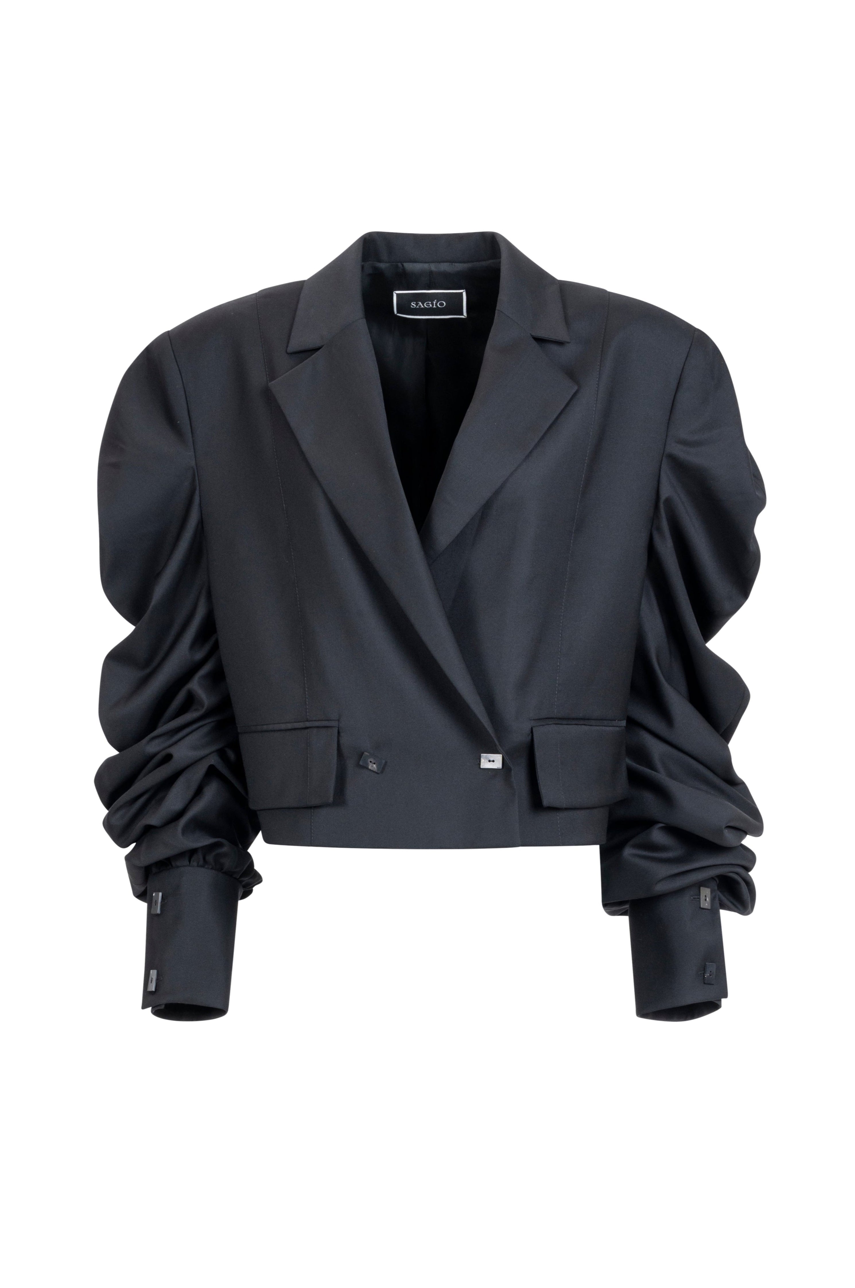 Women’s black cropped blazer with ruched sleeves, notched lapels and flap pockets