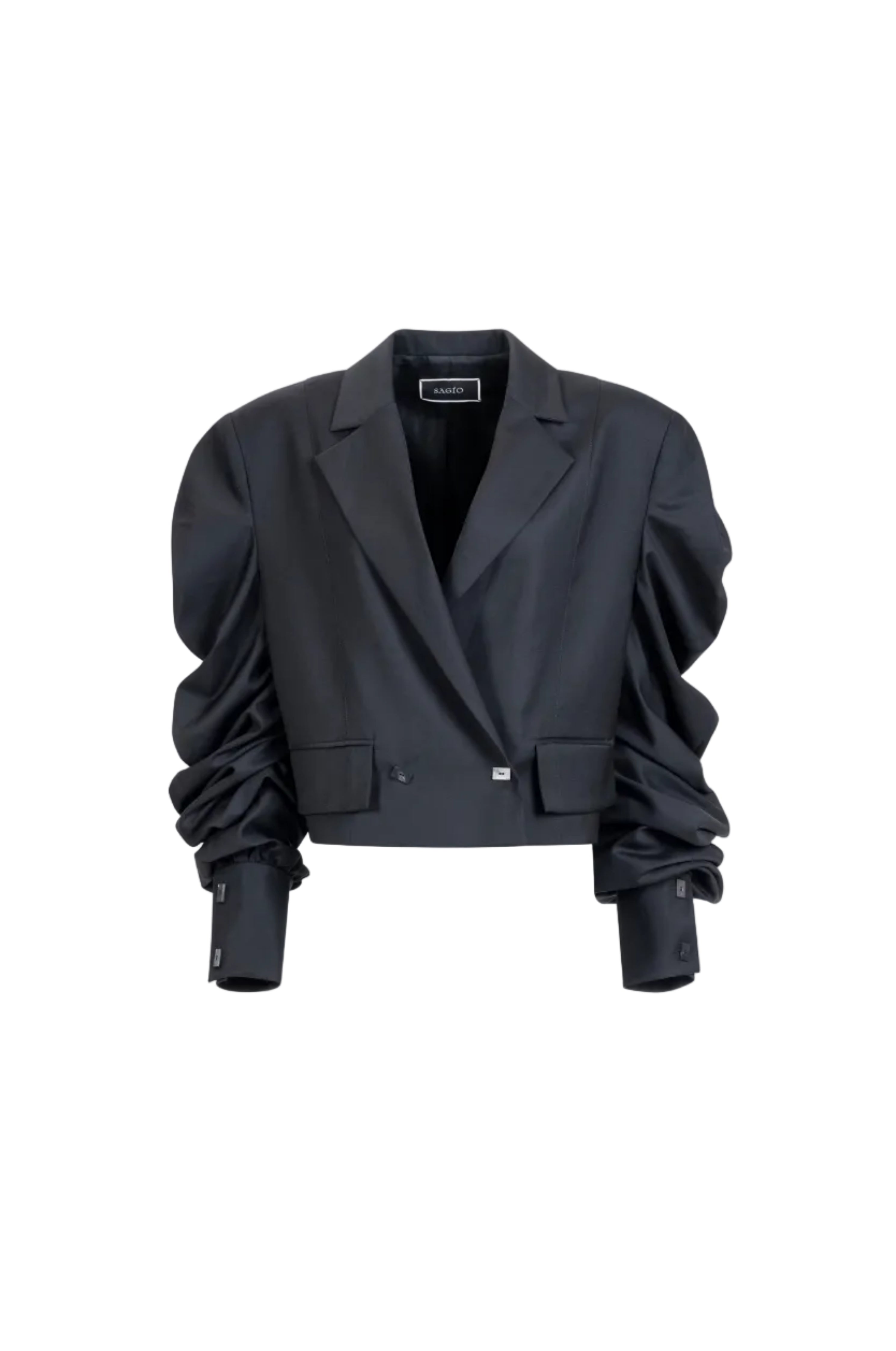 Women’s black cropped blazer with ruched sleeves, notched lapels and flap pockets