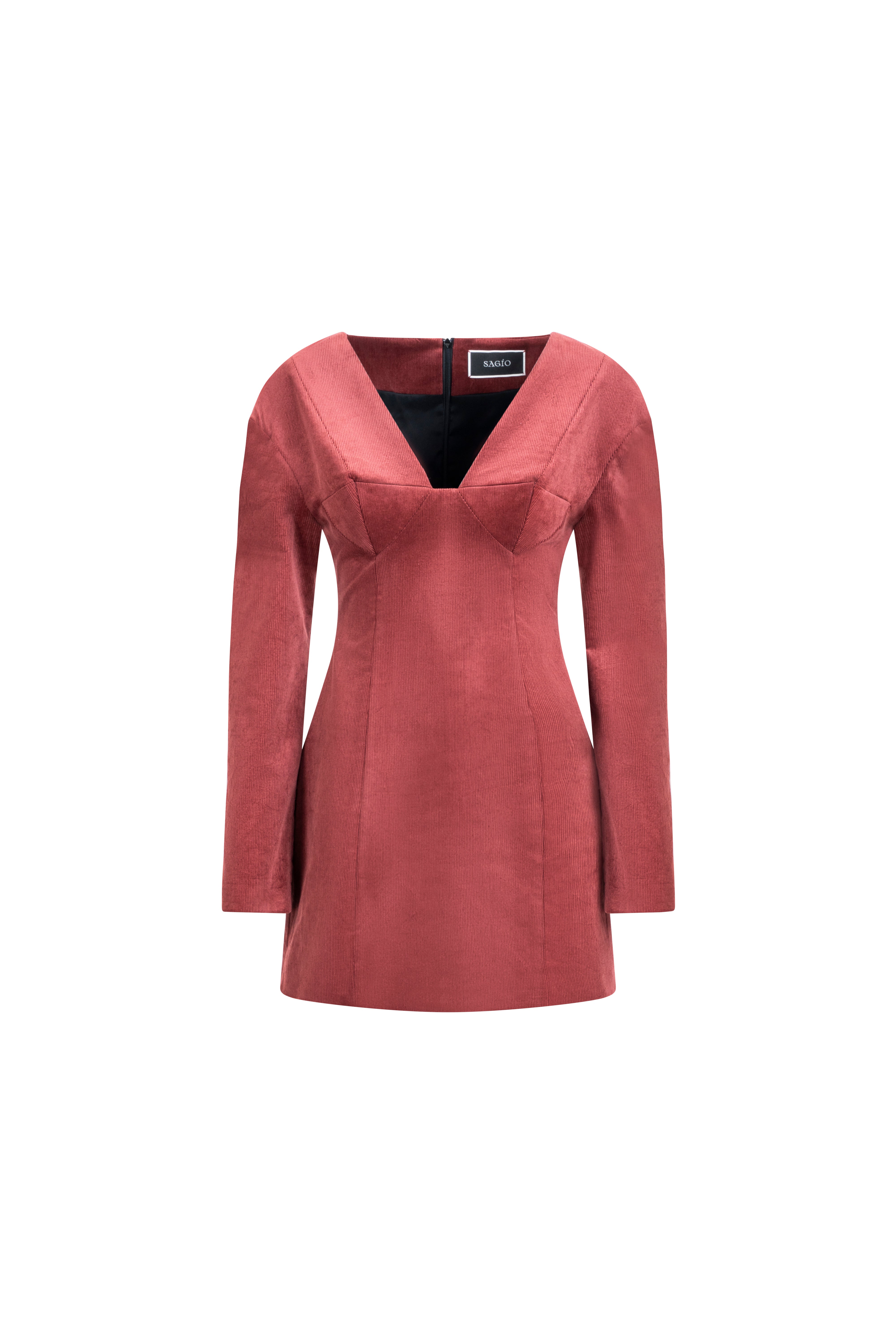 Falling Shoulders Dress in terracotta cotton with deep V neckline and long sleeves; tailored mini silhouette