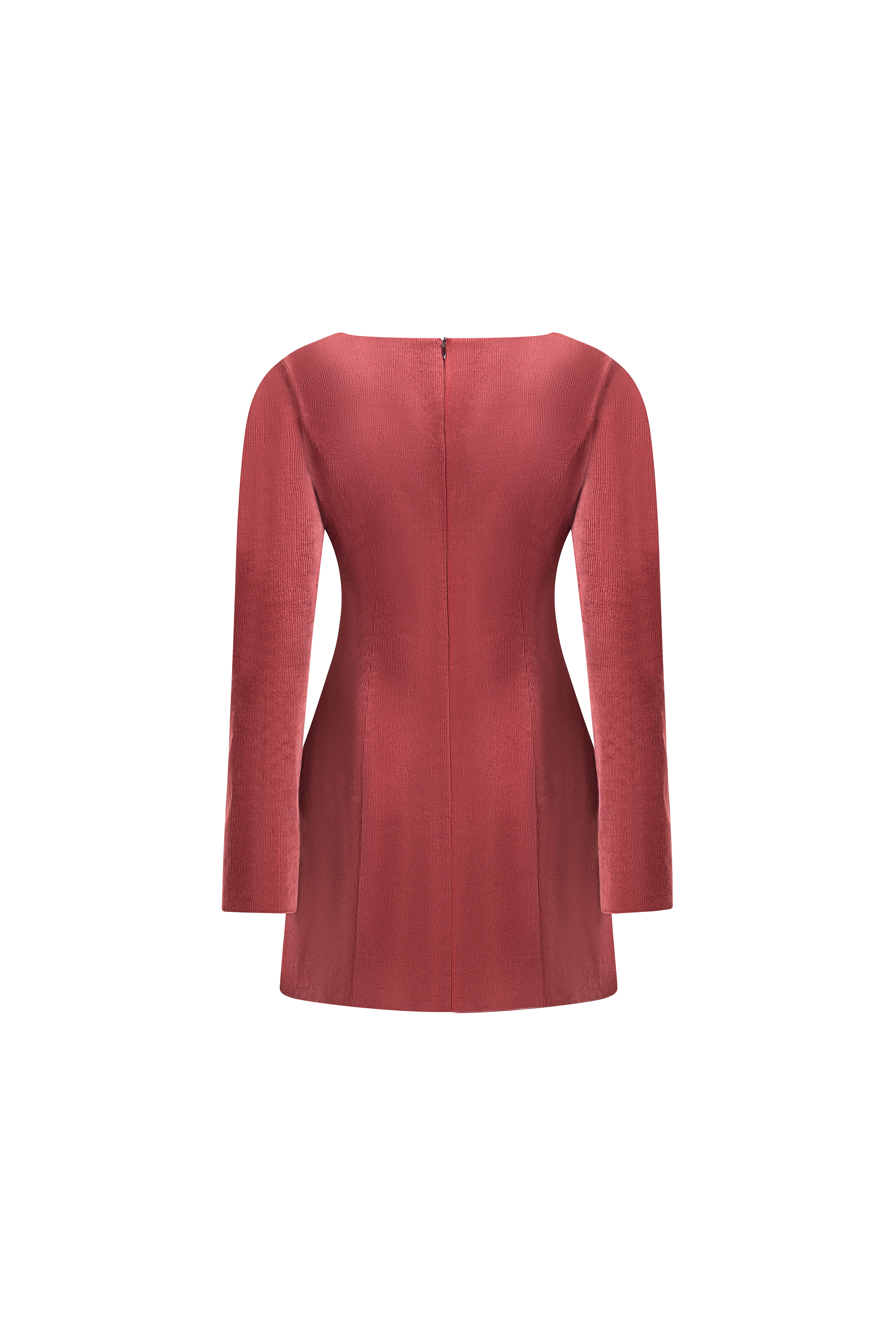 Terracotta cotton mini dress with long sleeves, invisible back zip and sculpted seams