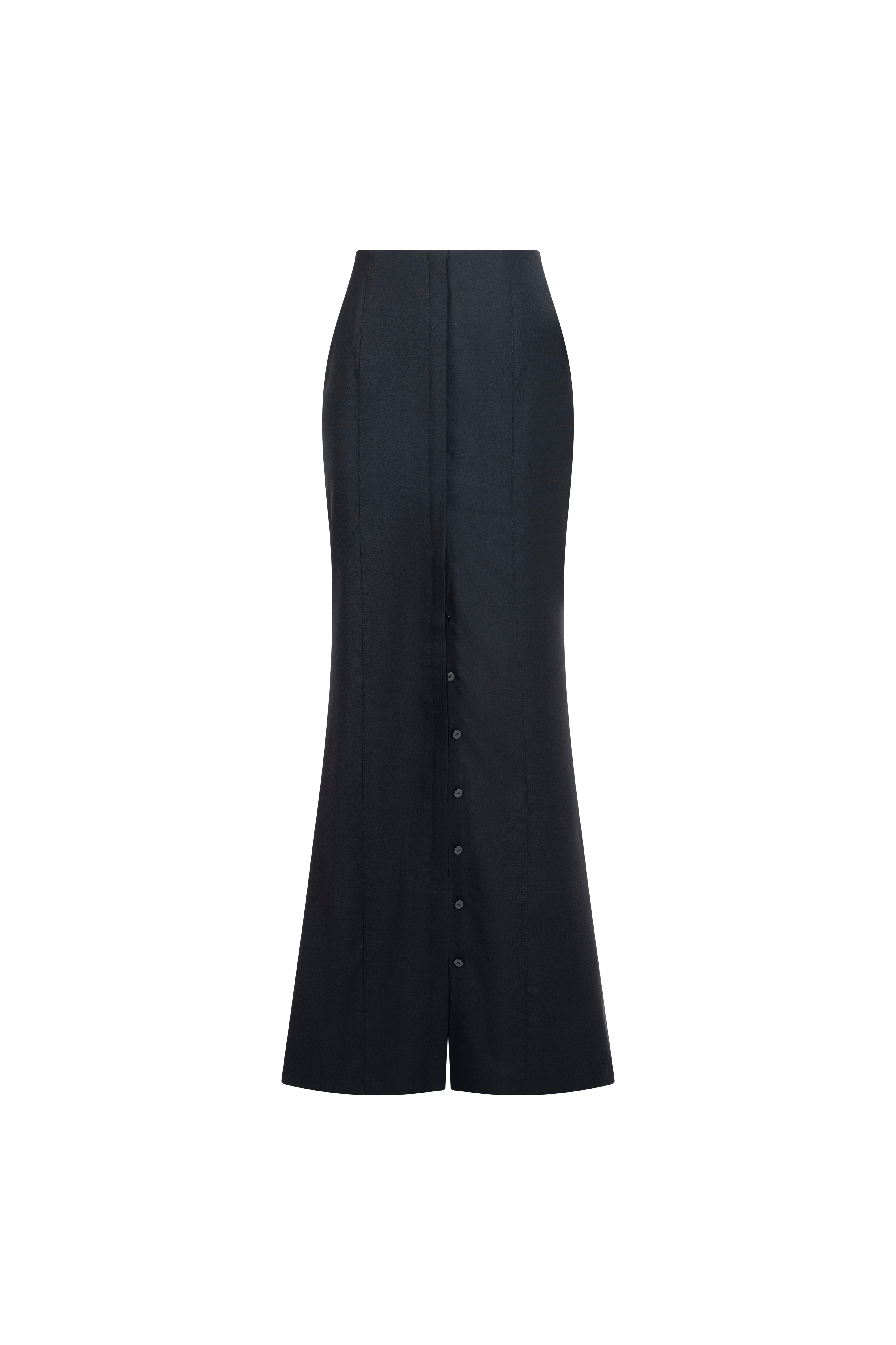 Long black wool skirt with high waist and placket.
