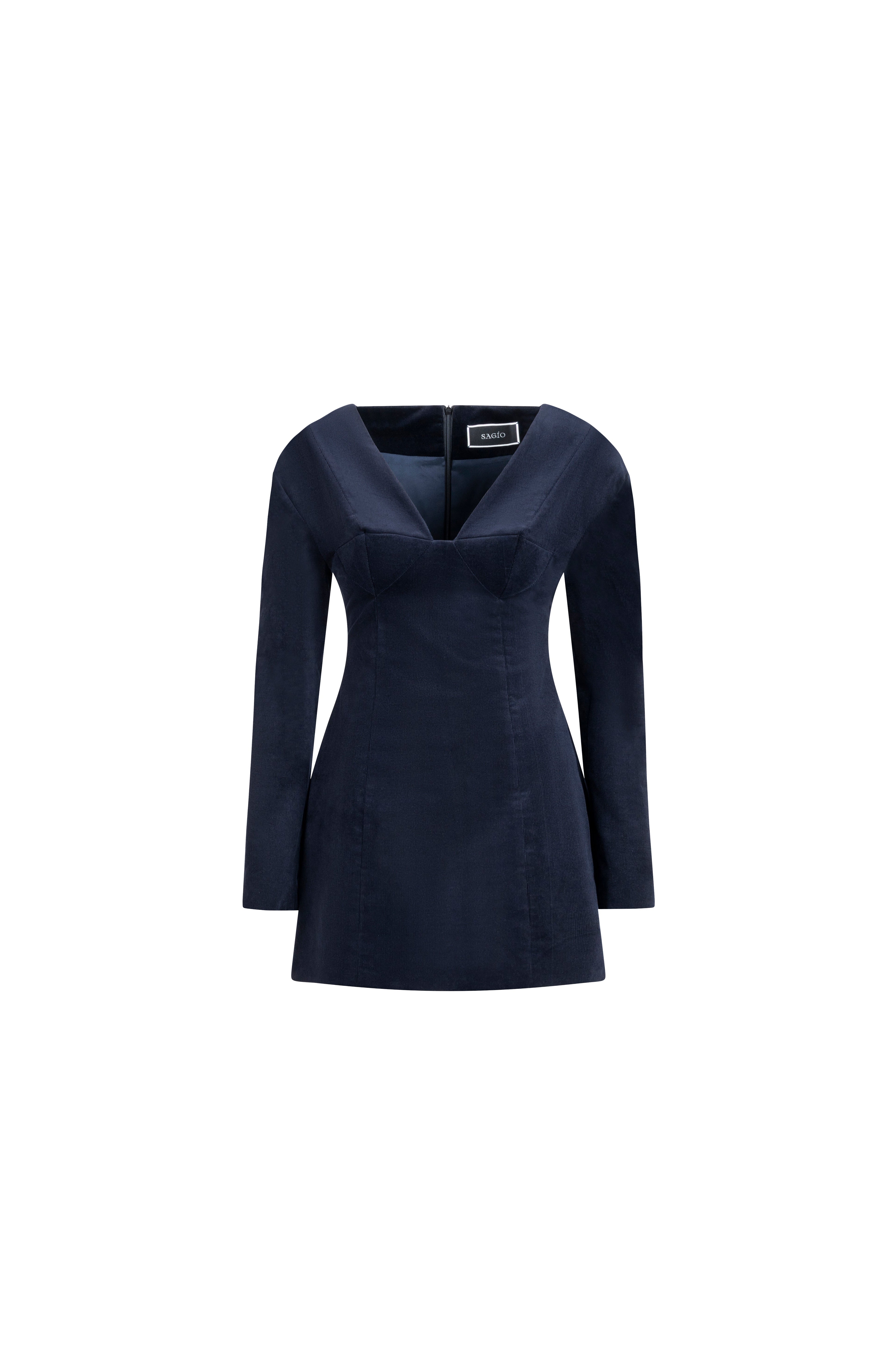 Falling Shoulders Dress in navy cotton, deep V neckline, long sleeves and fitted mini length