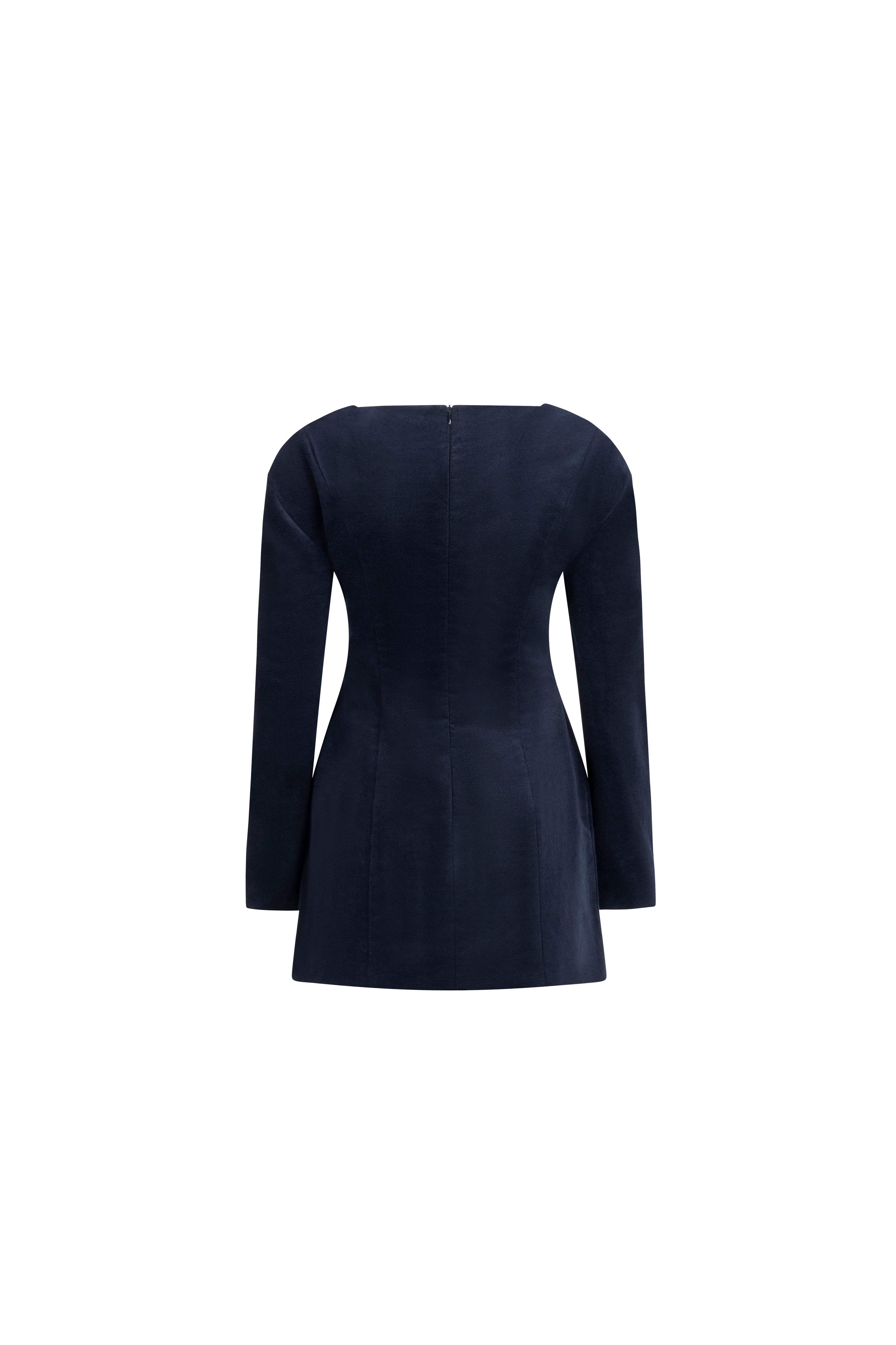 Navy cotton mini dress with long sleeves, tailored seams and back zip