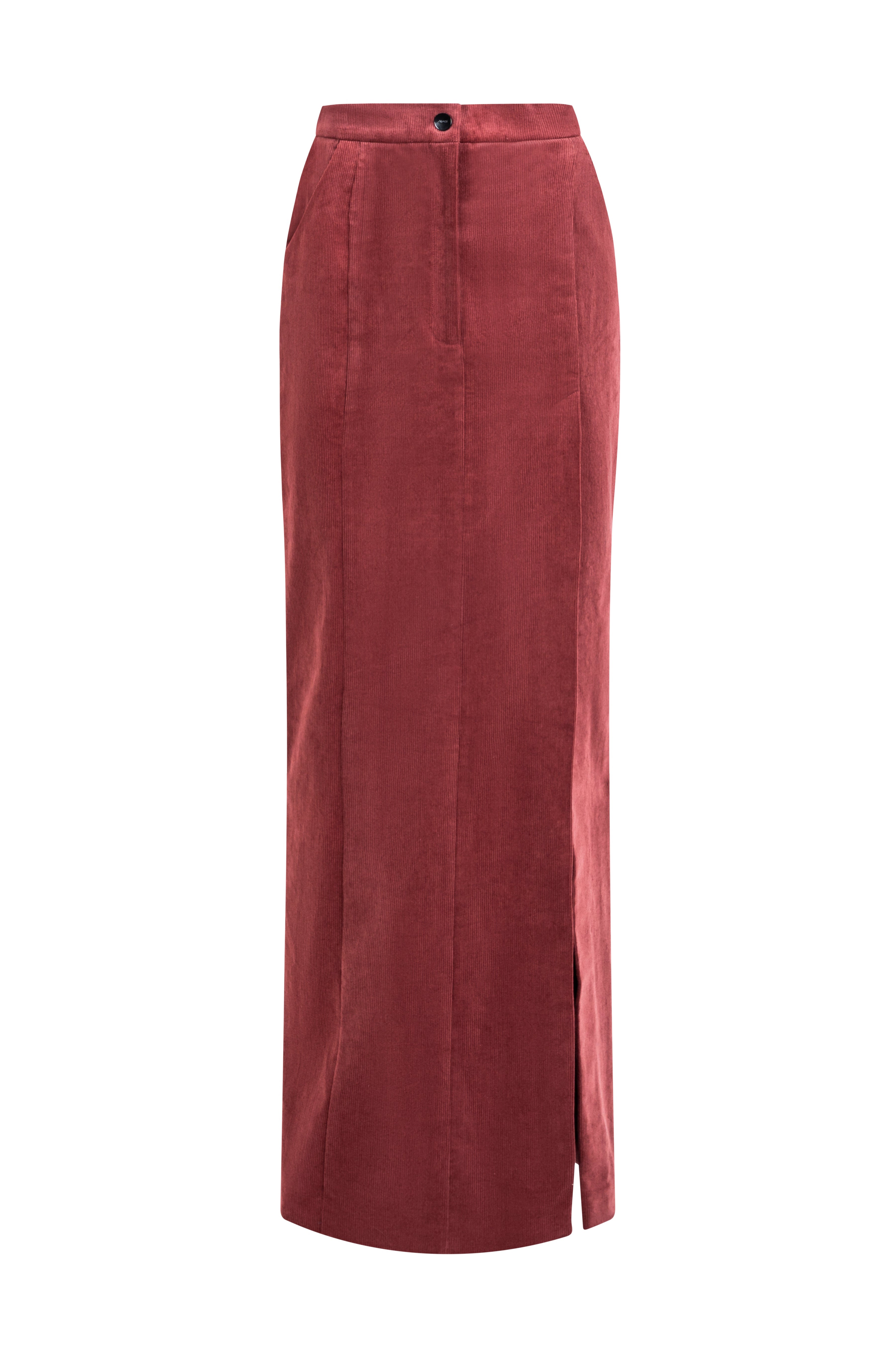 Cold Terracotta long cotton maxi skirt with subtle front slit and waistband button.