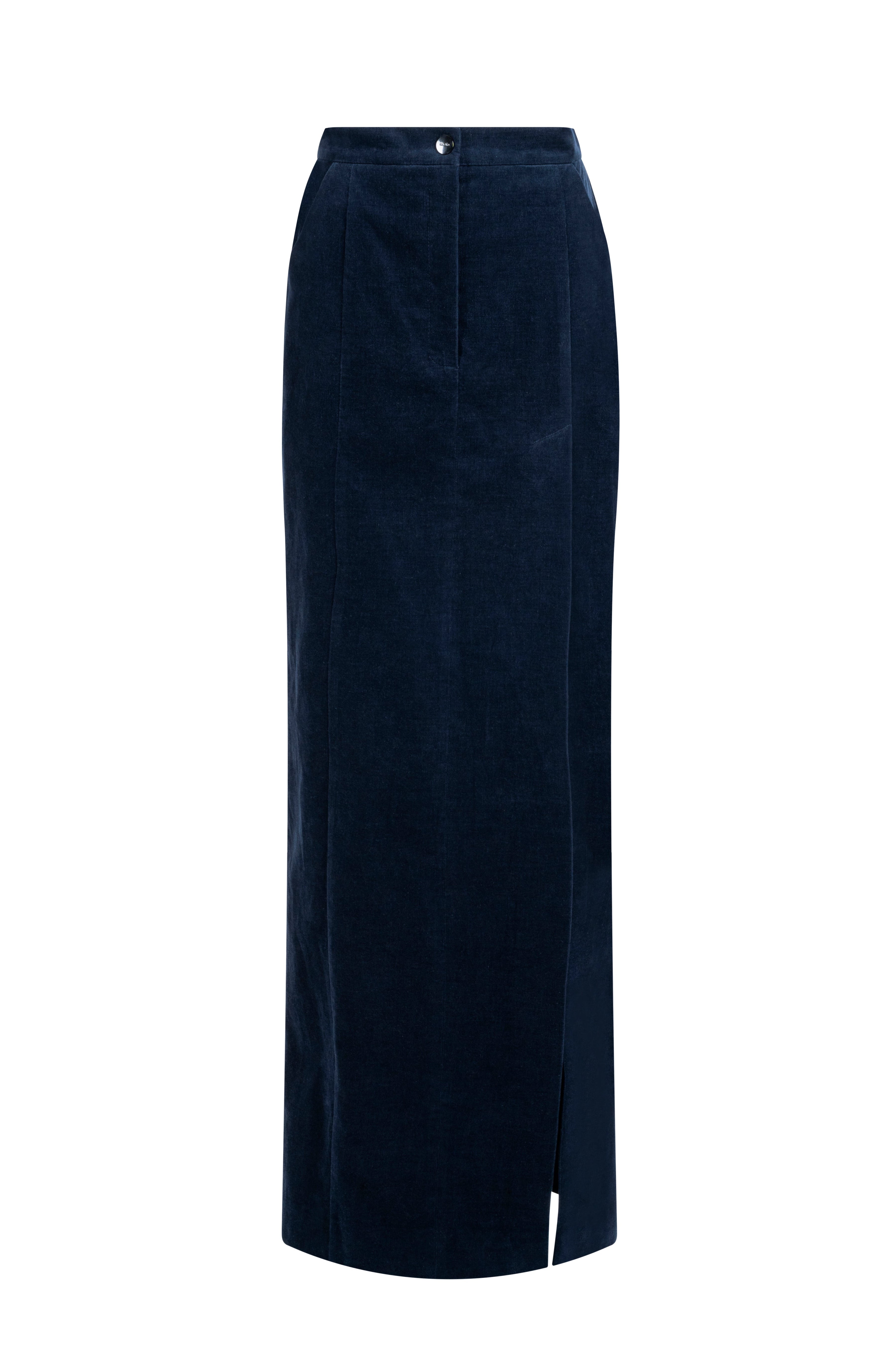Dark Blue Long cotton maxi skirt with clean slit in burgundy.