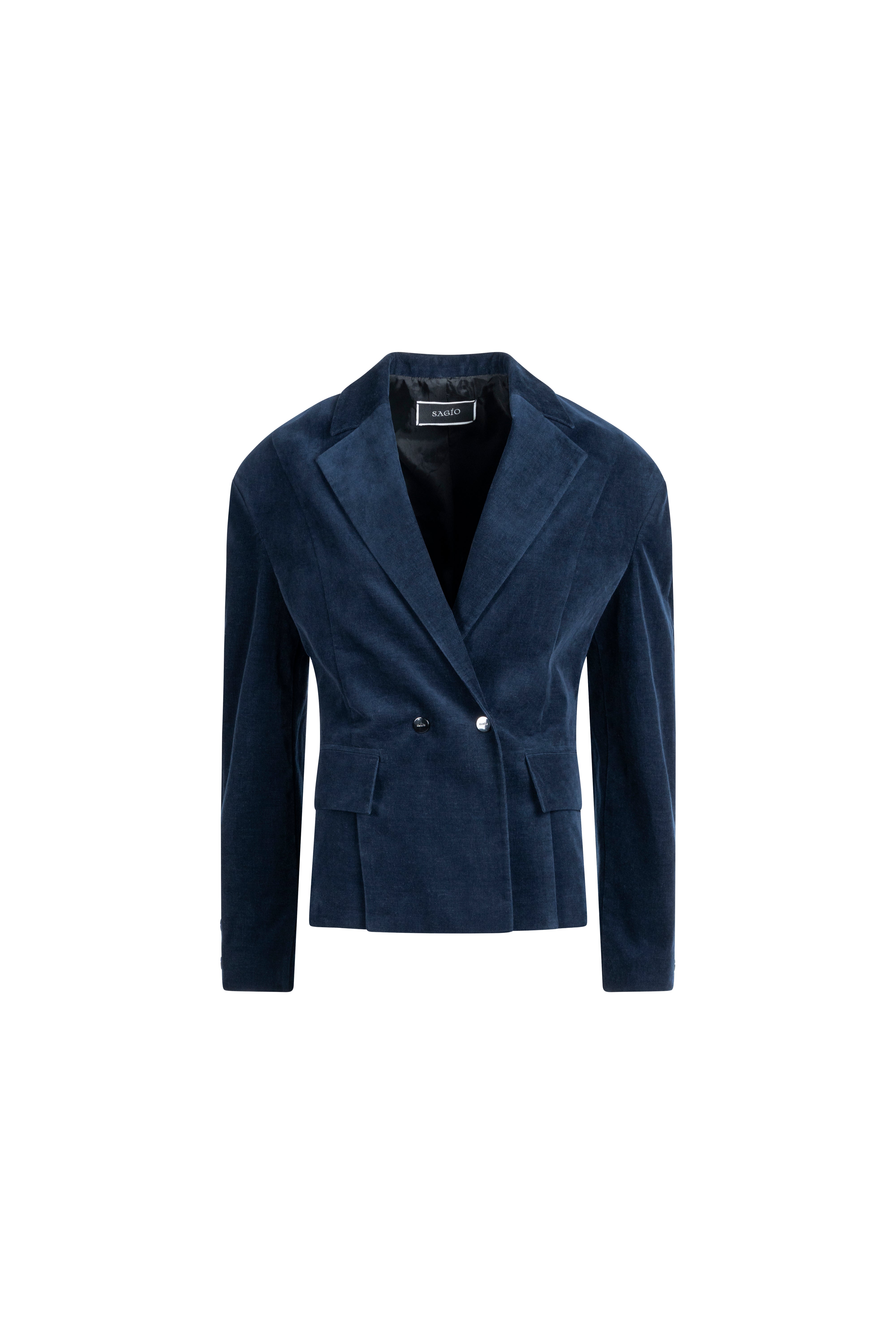 Navy cotton Falling Shoulders blazer highlighting sculptural shoulders