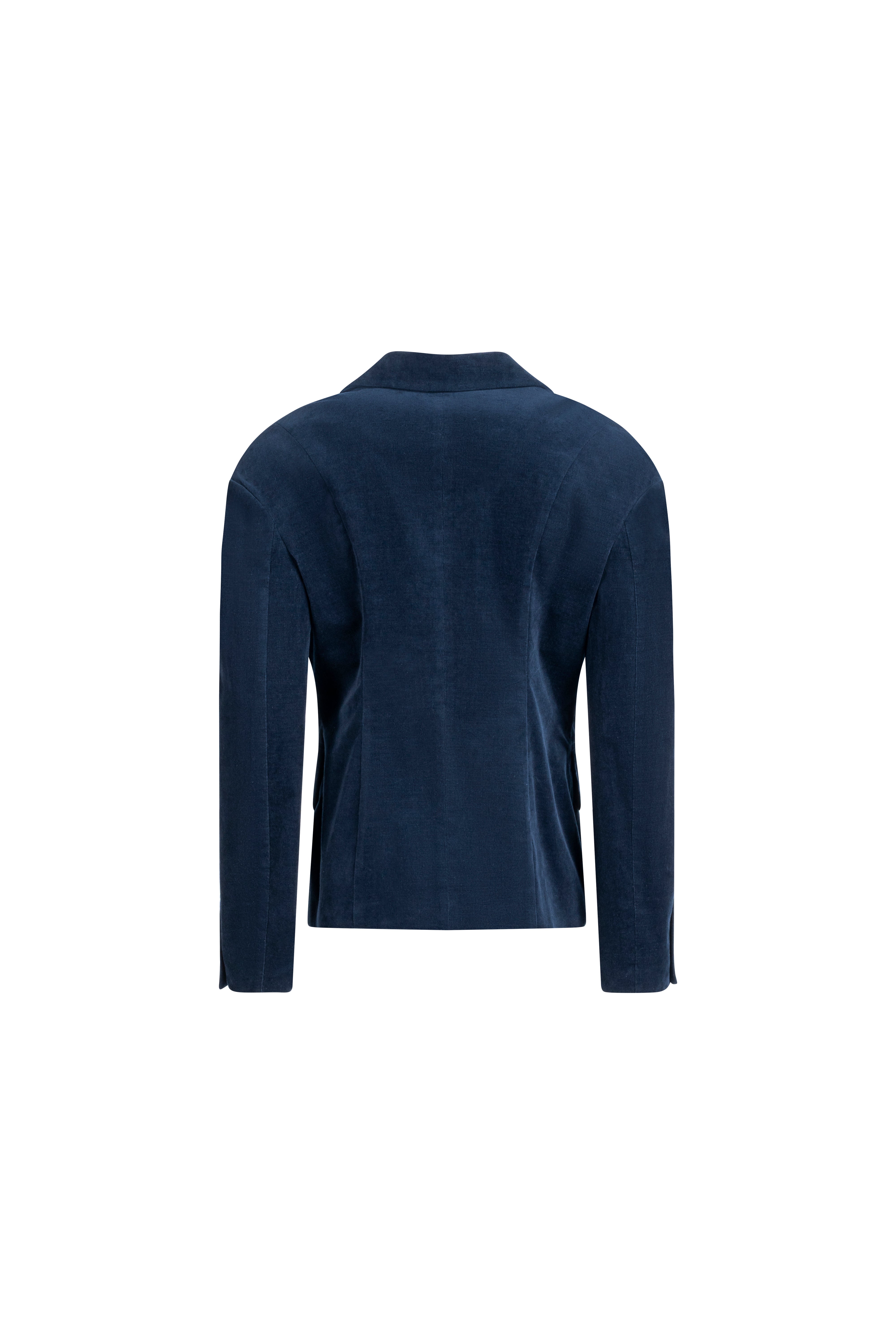 Navy cotton blazer showing subtle falling-shoulder construction