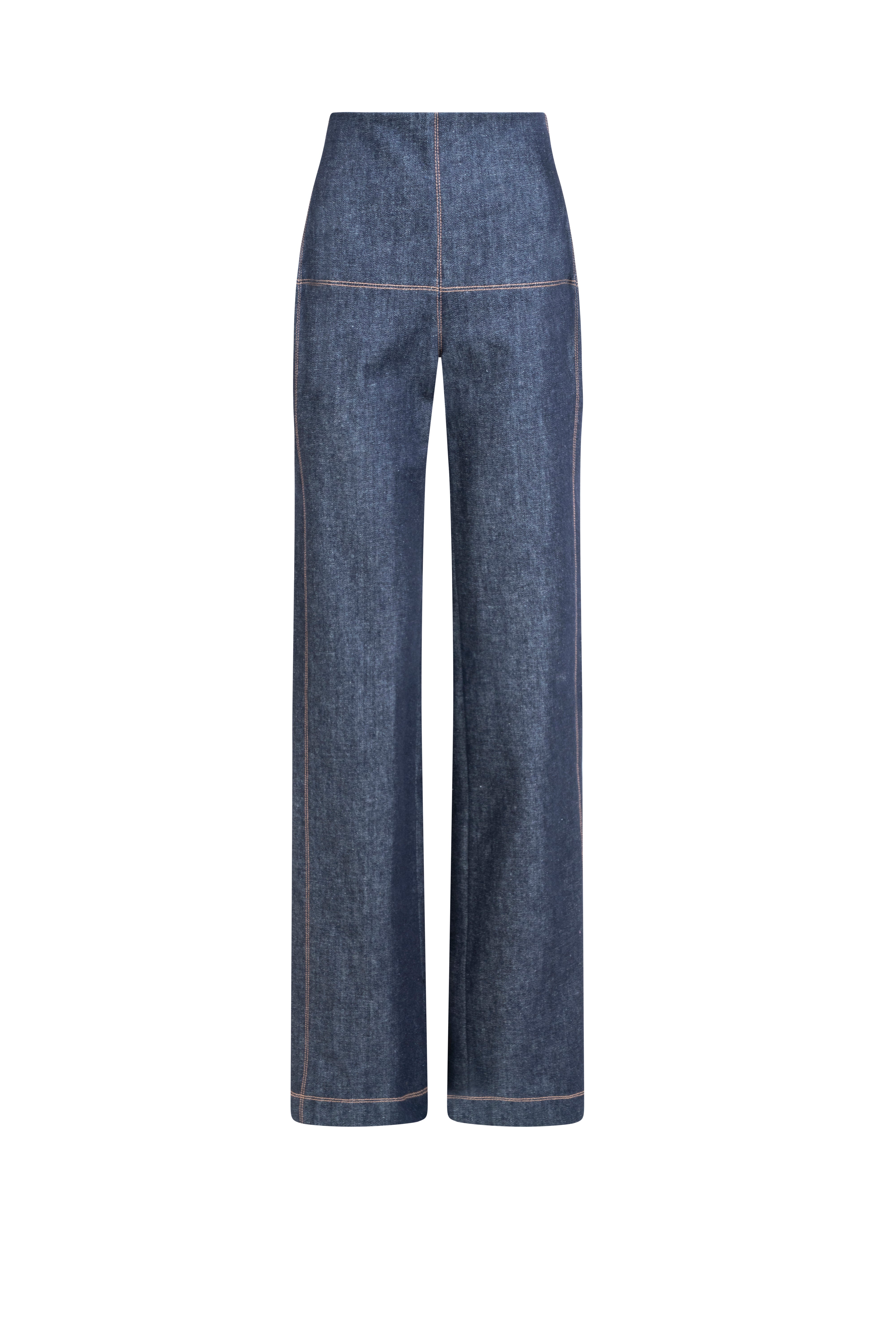 High-waist wide-leg denim trousers in indigo with geometric seam across hips and contrast topstitching