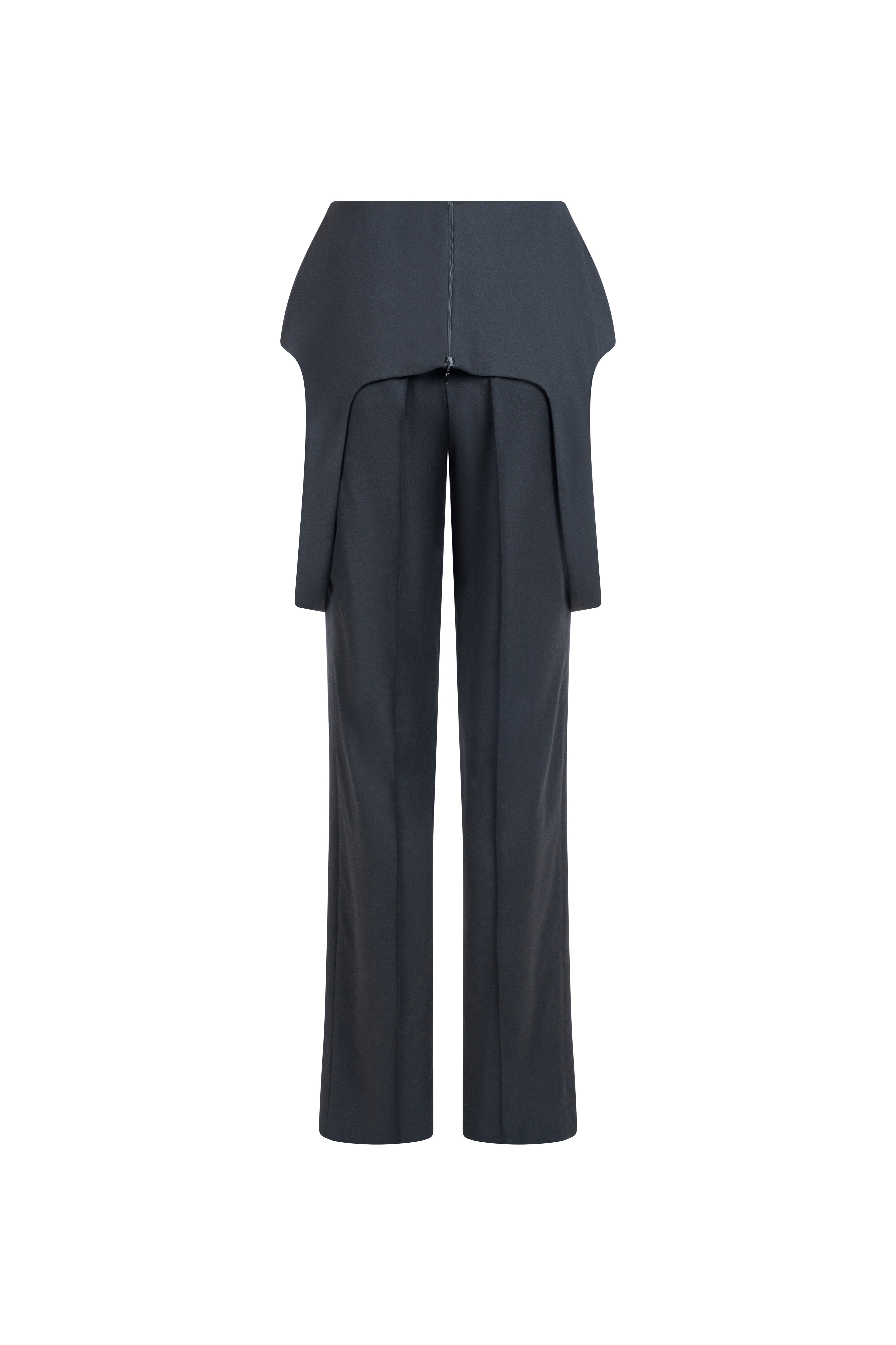 Black high-waist wool trousers with draped hip panels, center-back zip and tailored straight legs.