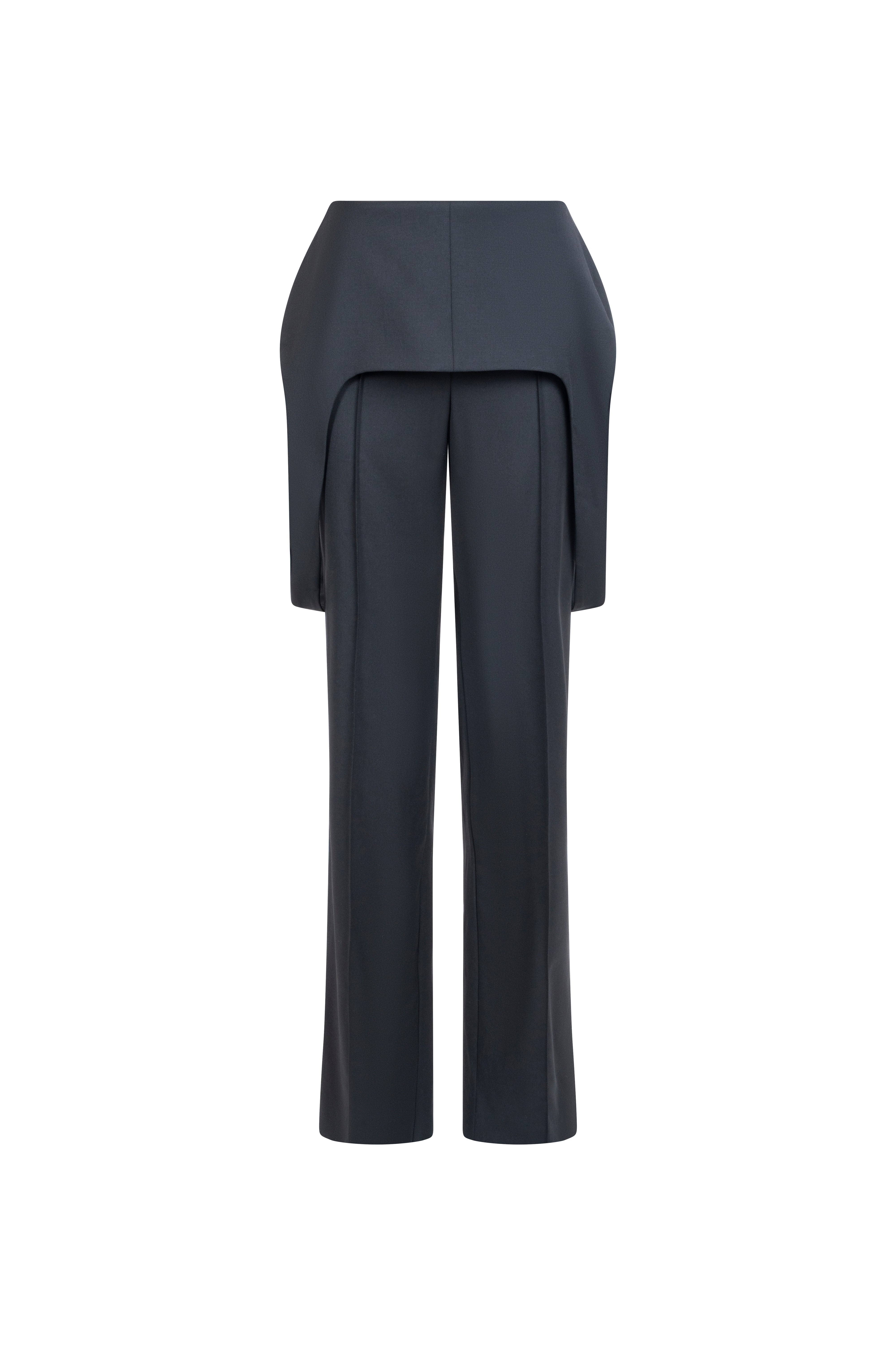 Black high-waist wool trousers, structured overskirt panels and neat straight-leg silhouette.
