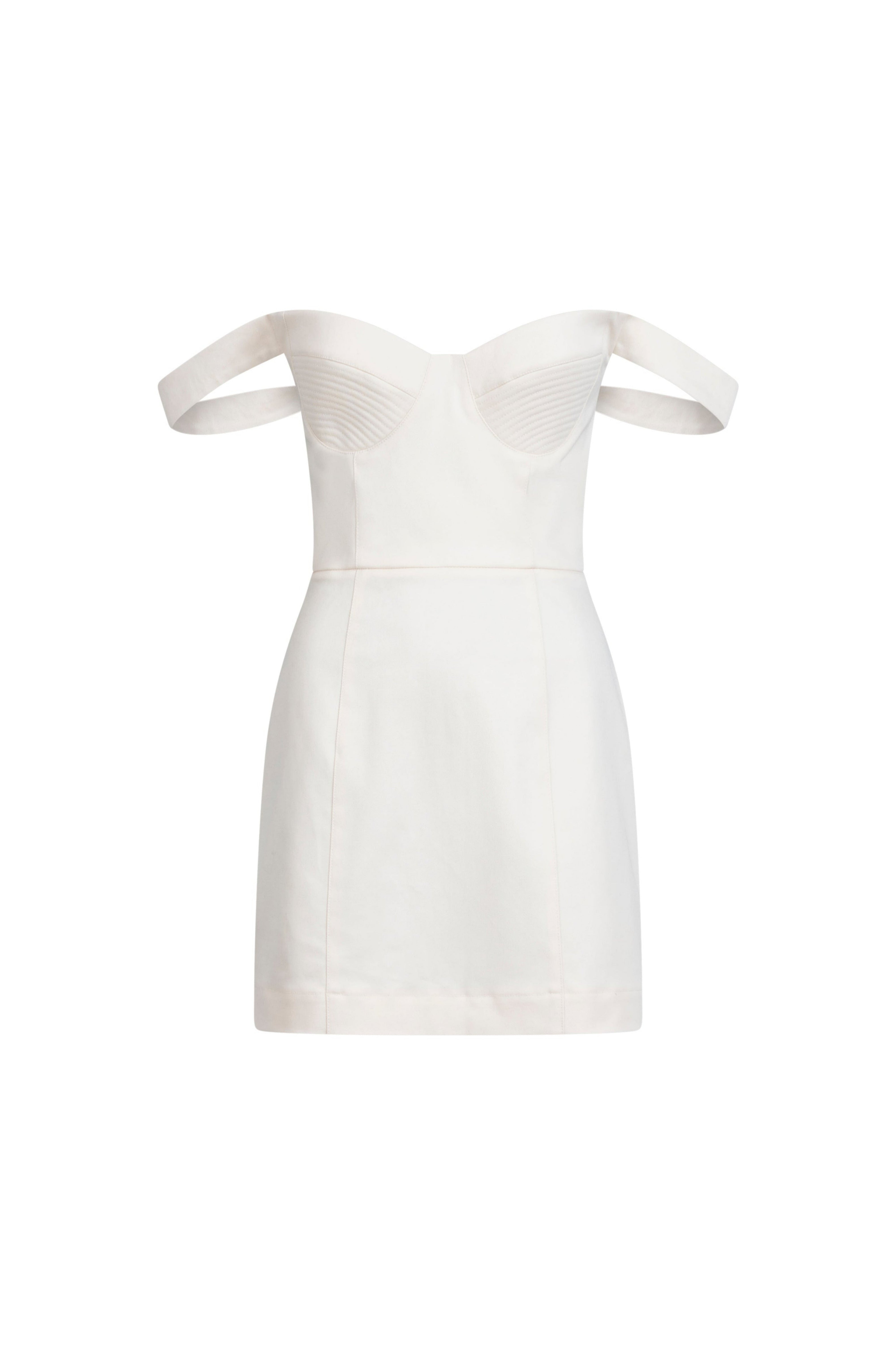 Beige Falling Straps Dress, front view, off-shoulder falling straps, sculpted bodice