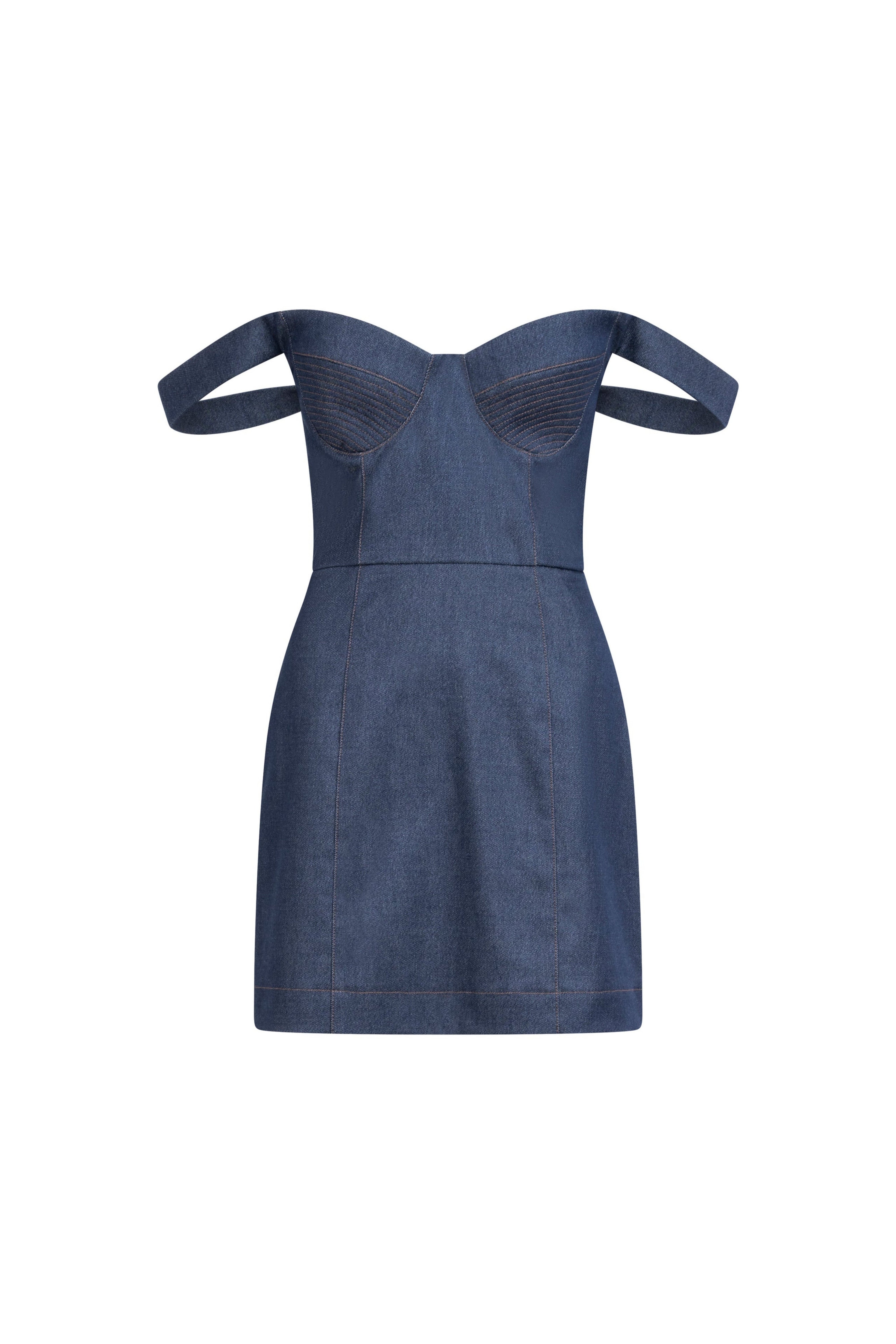 Denim Falling Straps Dress, front view, off-shoulder falling straps, sweetheart bust