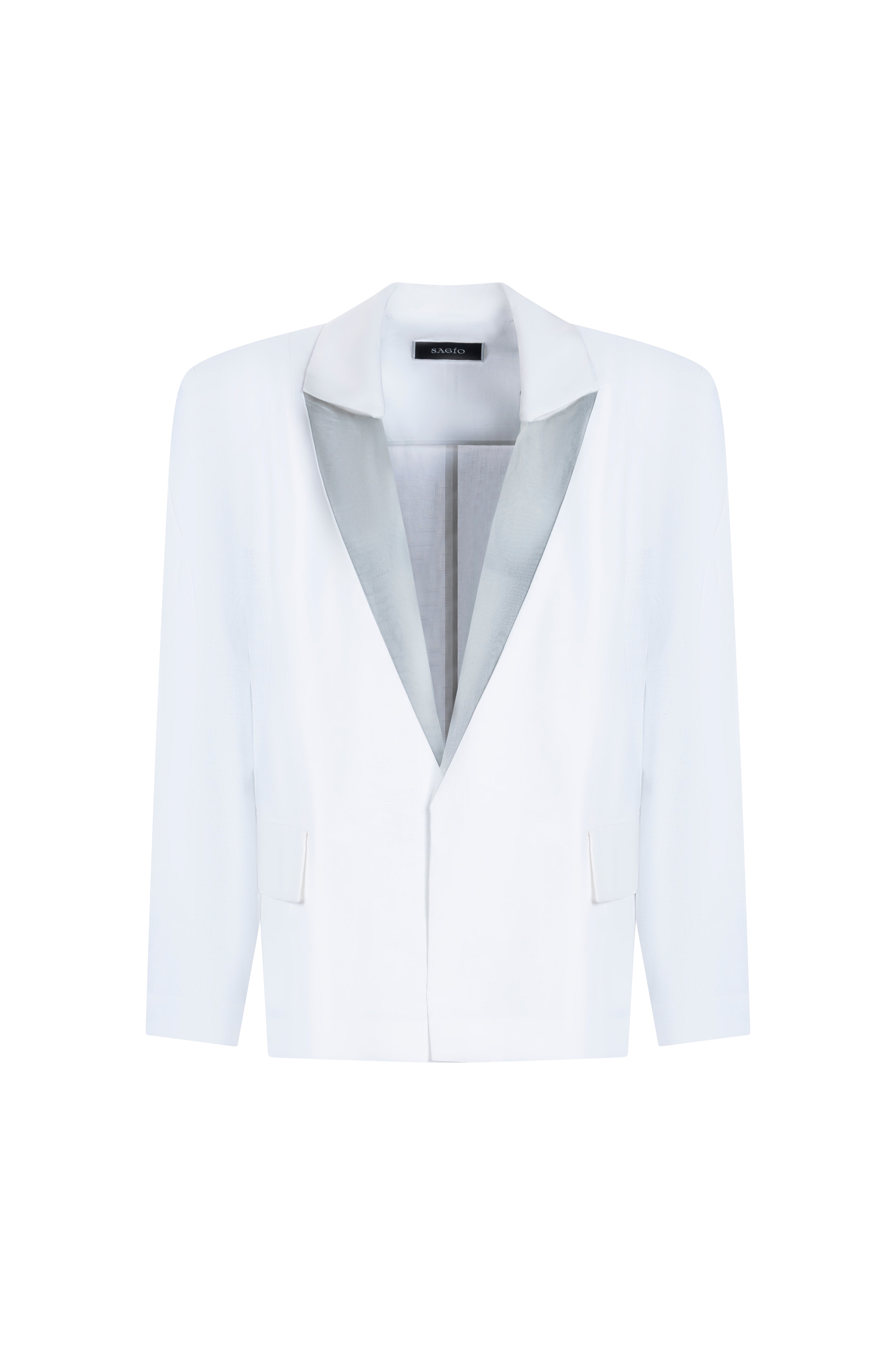 Light blue linen silk blazer front view with sheer lapels and hidden closure