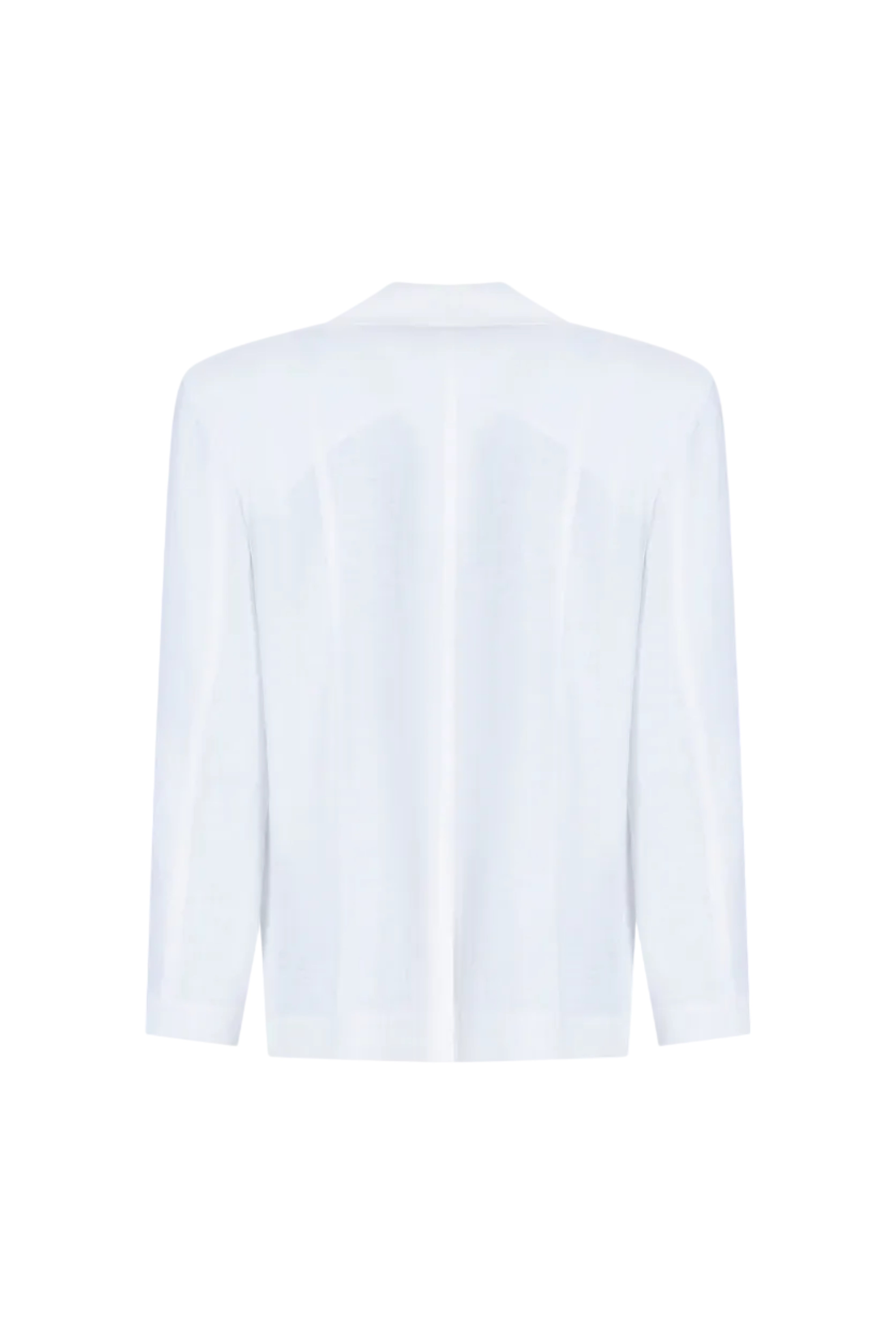 Light blue tailored blazer back view with semi-sheer construction