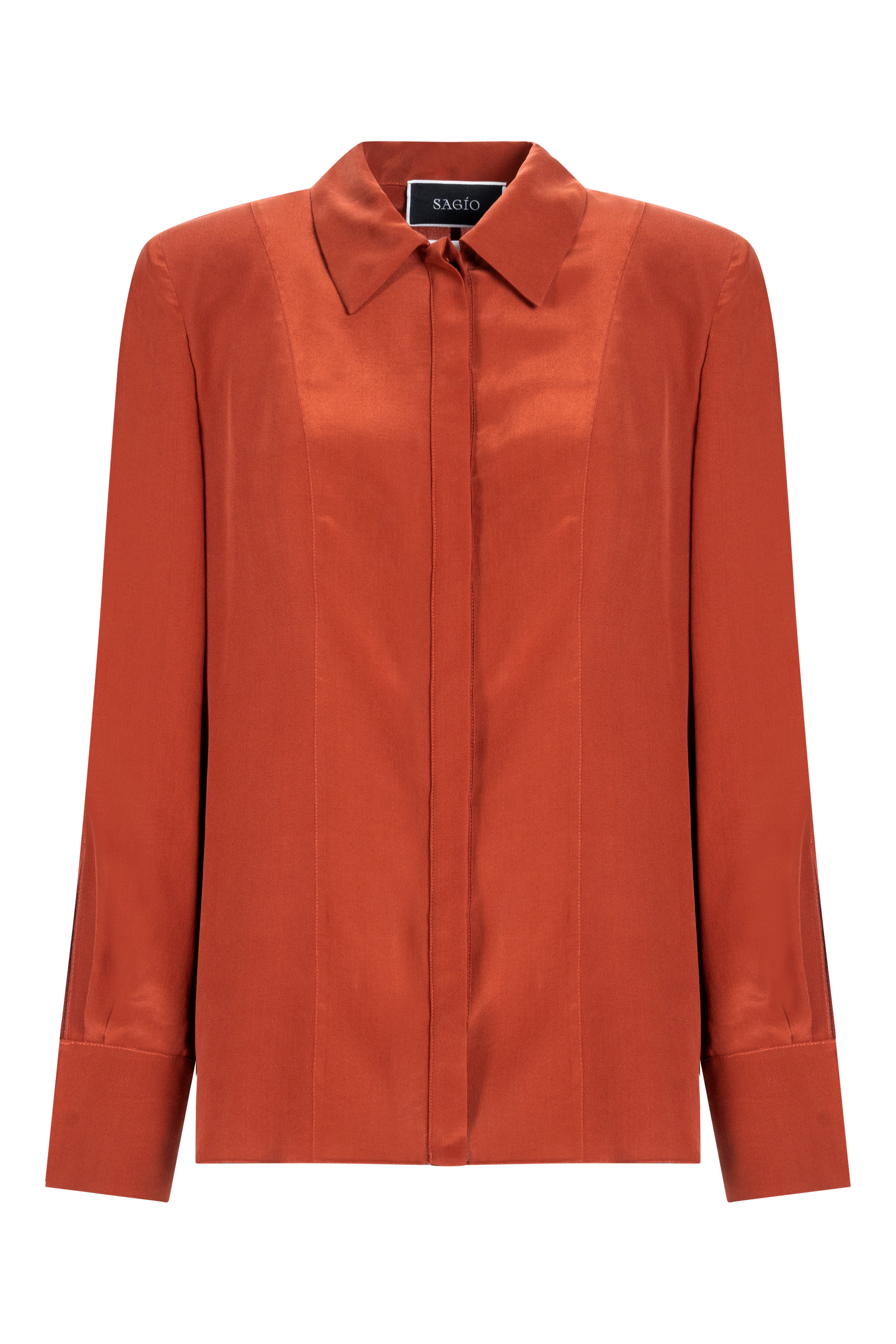Red silk shirt by SAGIO with tailored fit and covered placket front view