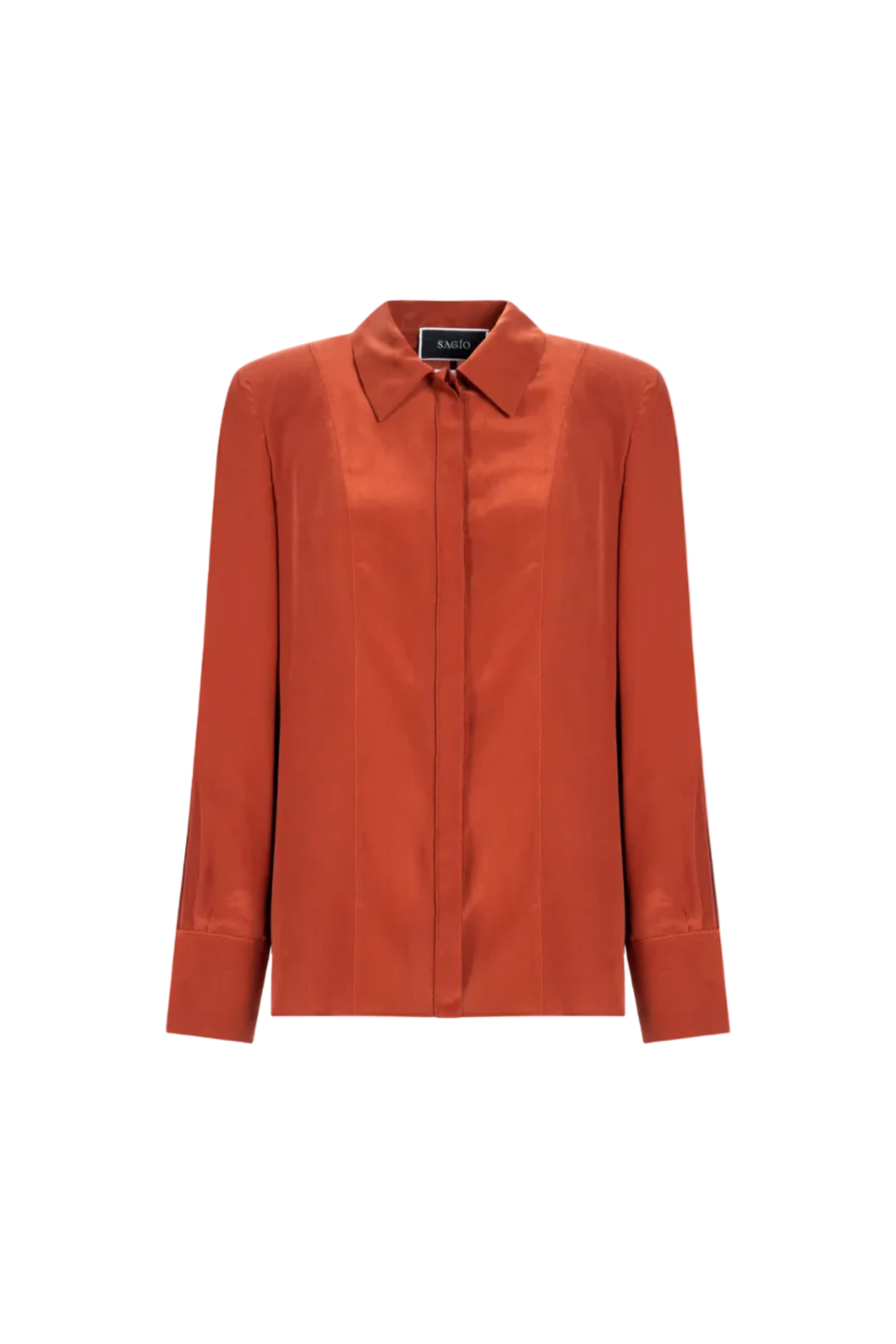 Red silk shirt by SAGIO with tailored fit and covered placket front view