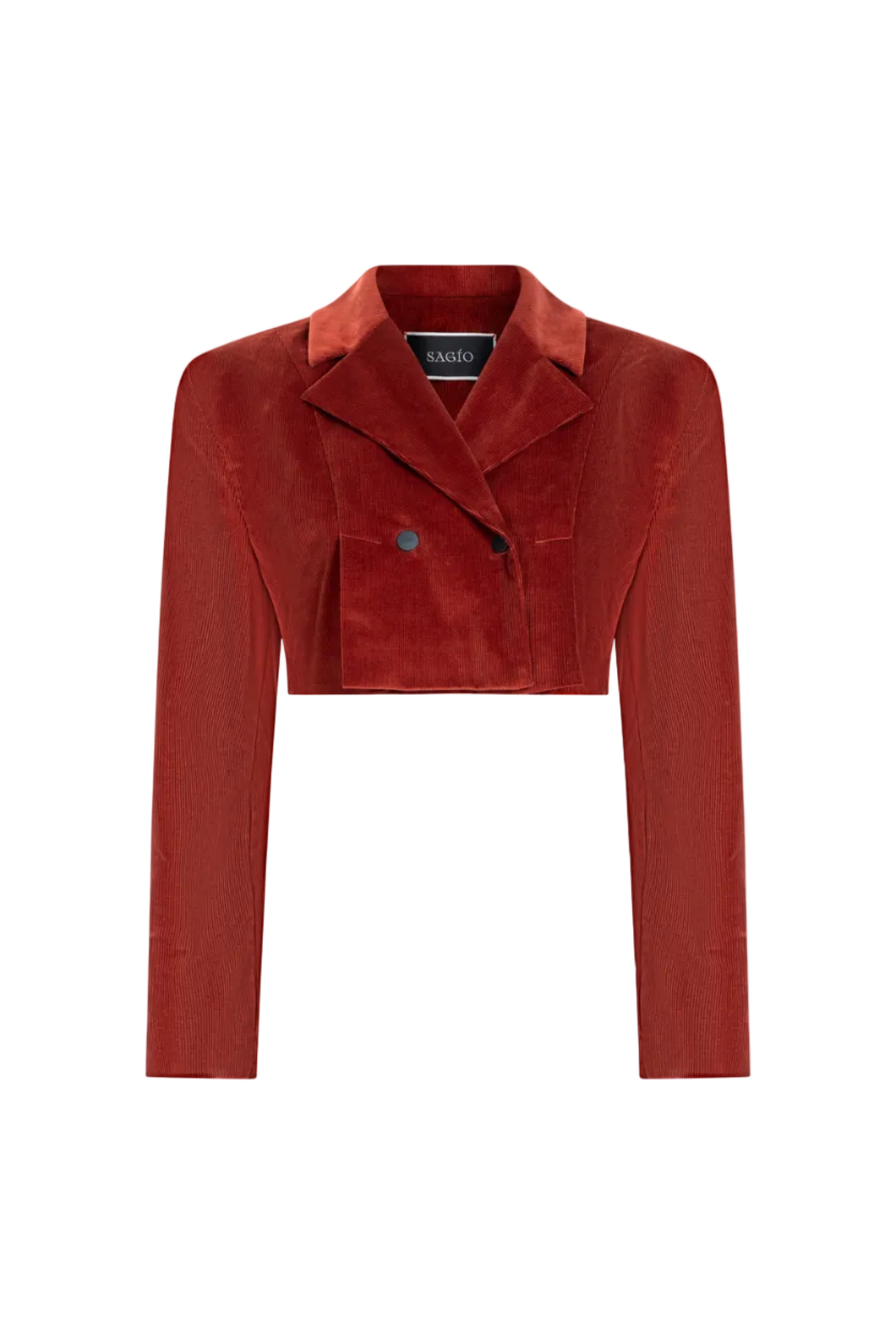 Cropped double-breasted velvet jacket, Terracotta, front detail and collar