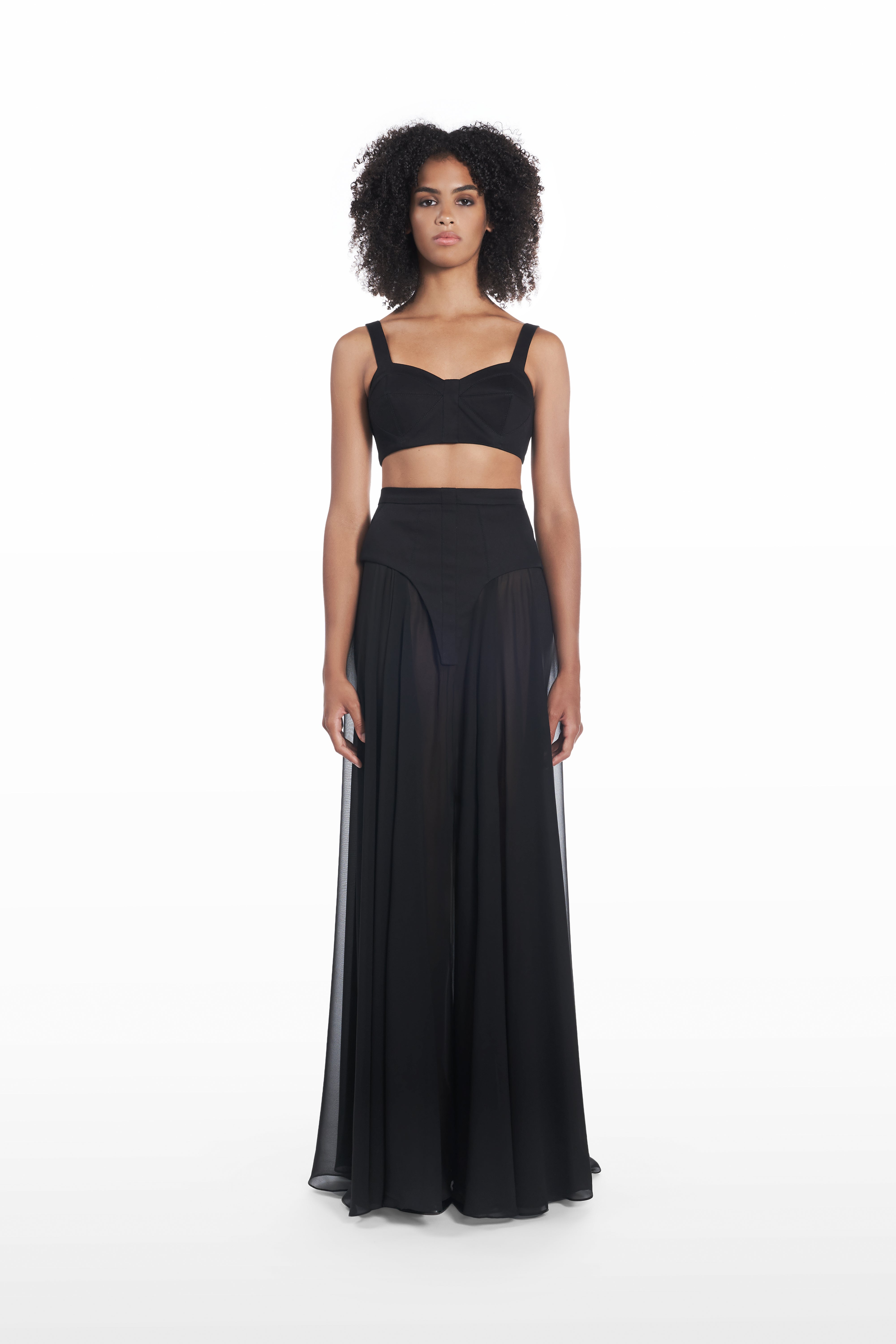Long Underwear Application Skirt in black, front view with sheer full-length silhouette and sculpted high waist