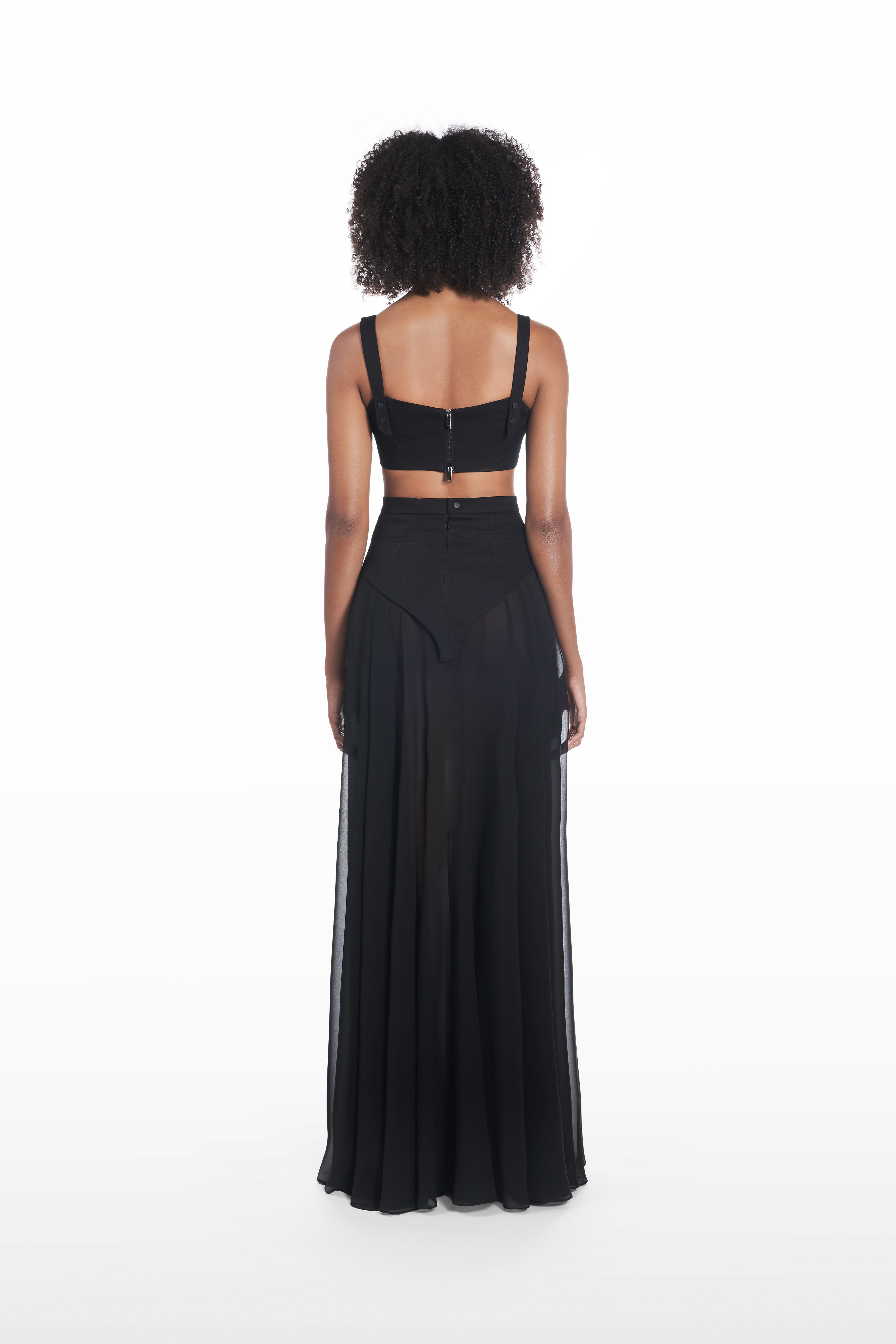 Long Underwear Application Skirt in black, back view with sheer maxi silhouette and structured high waist