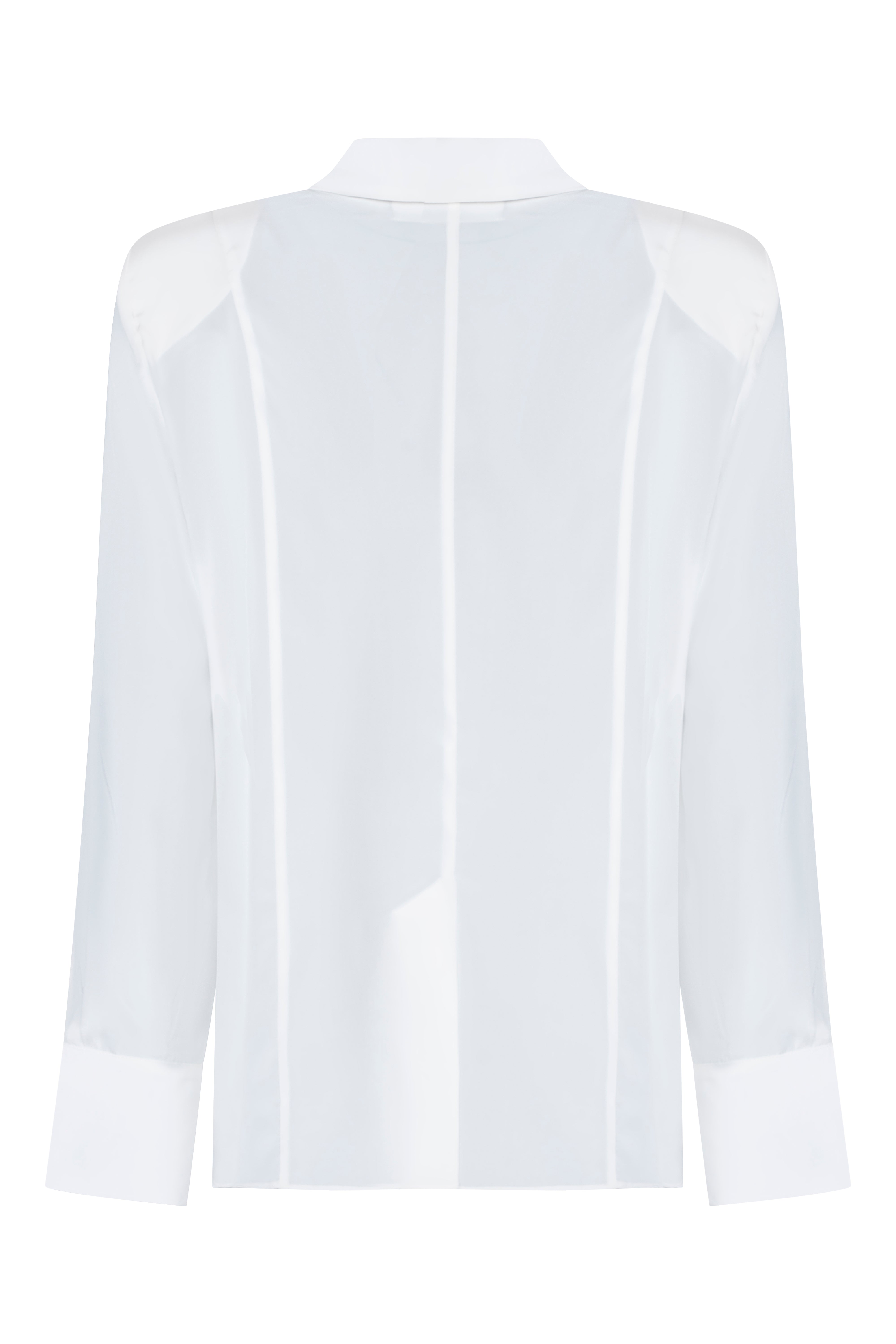 White silk shirt by SAGIO with relaxed fit and open cuff design back view