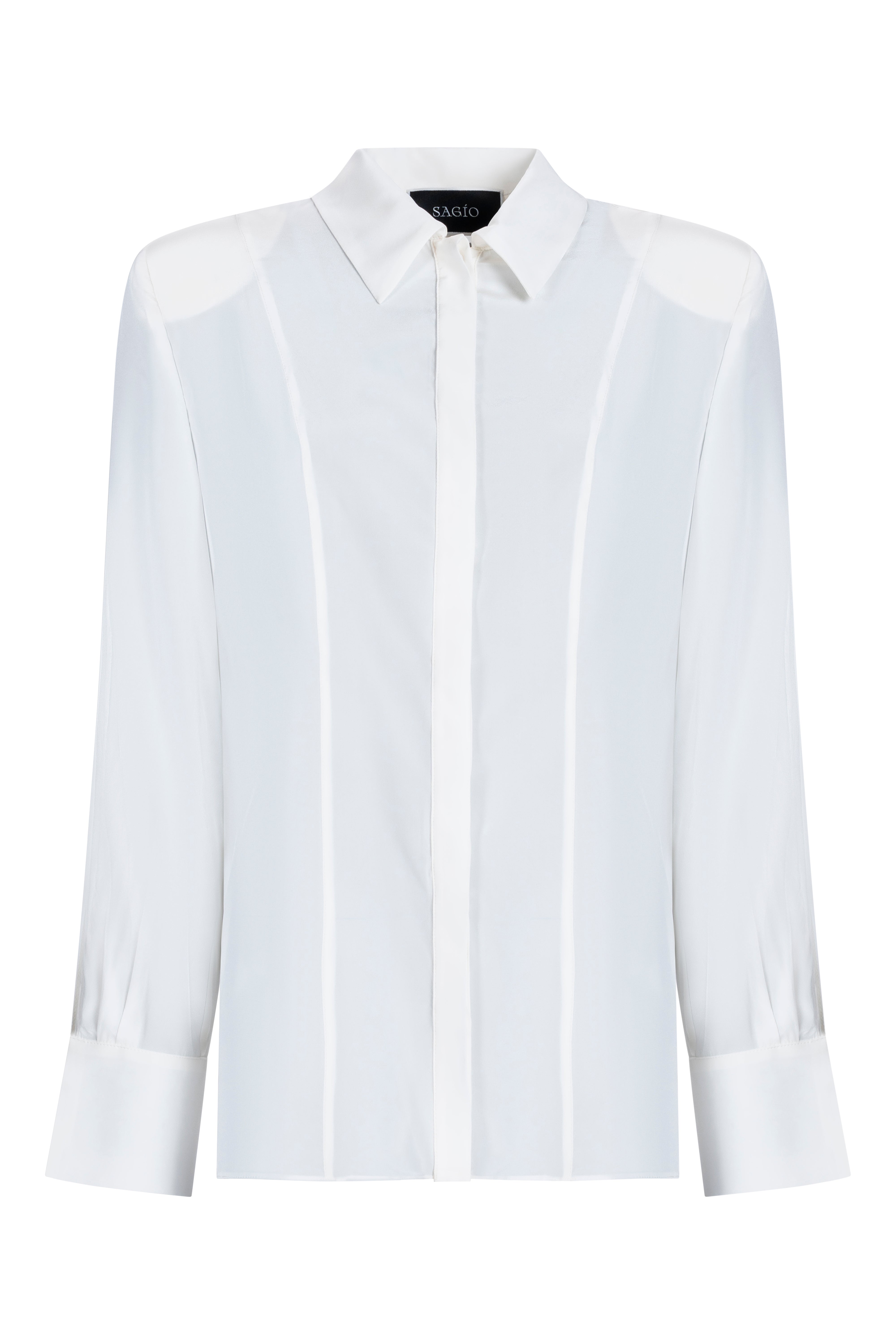 White silk shirt by SAGIO with long sleeves and shoulder pads front view