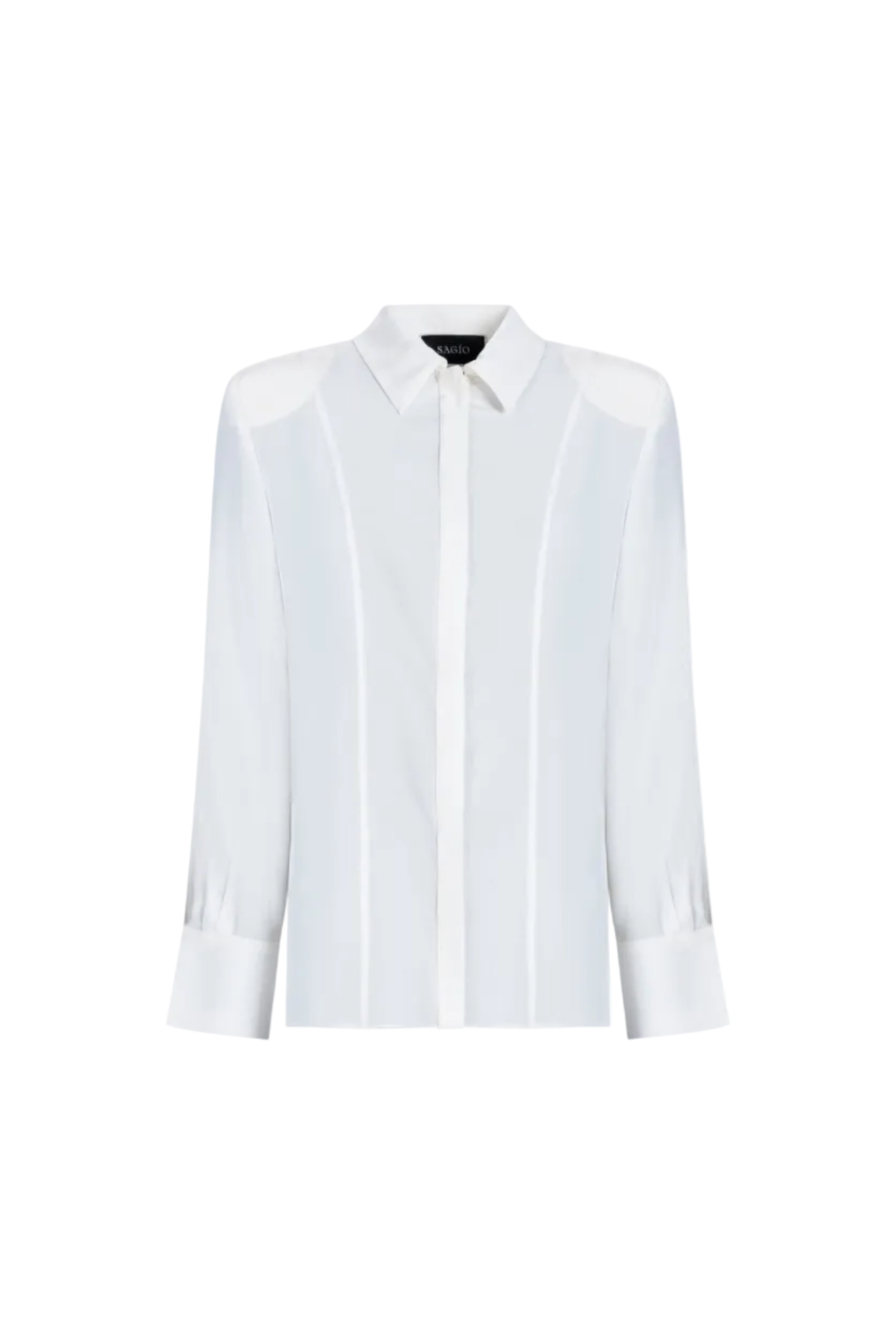 White silk shirt by SAGIO with long sleeves and shoulder pads front view