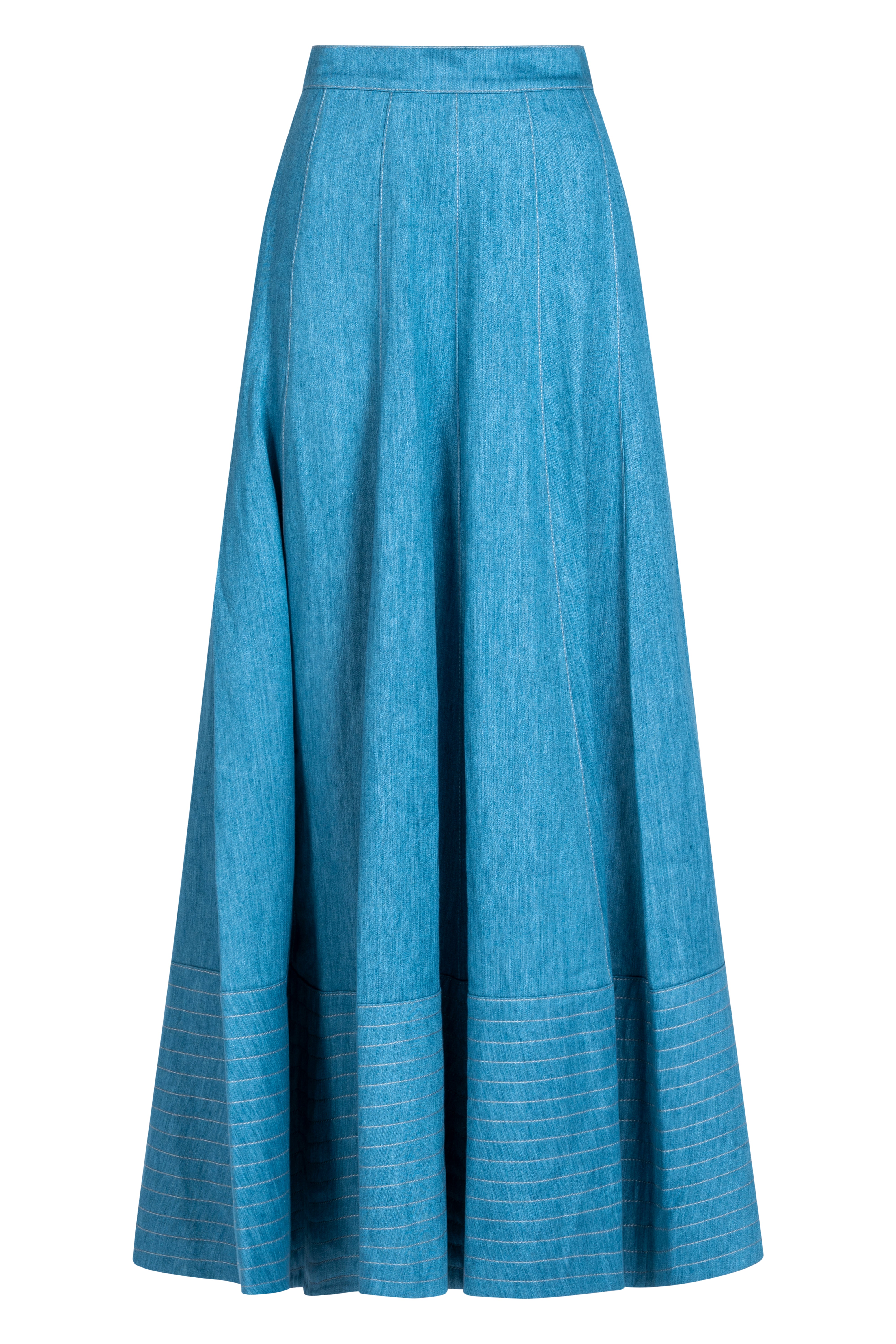 Blue quilted denim skirt, front view, contrast stitching