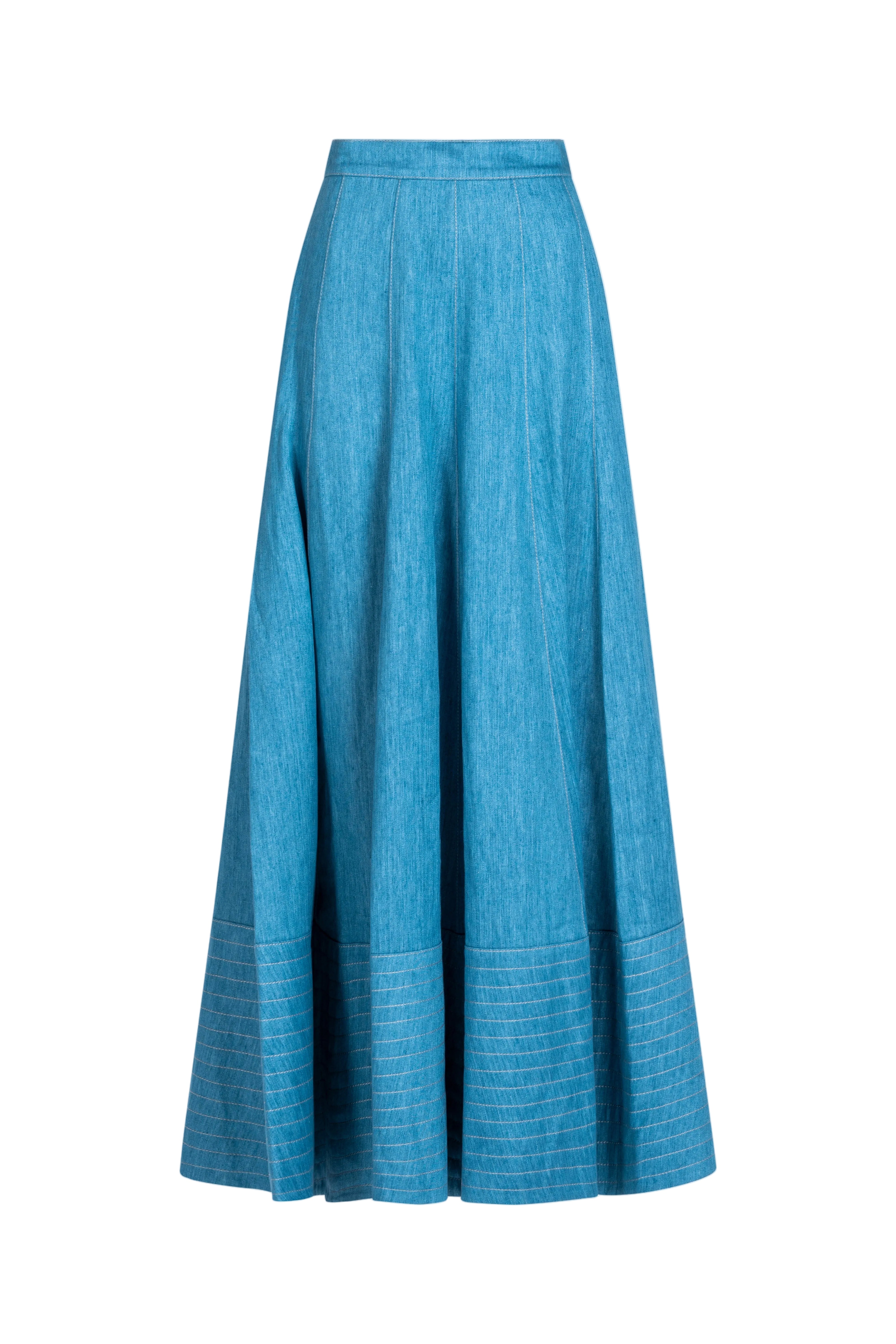 Blue quilted denim skirt, front view, contrast stitching
