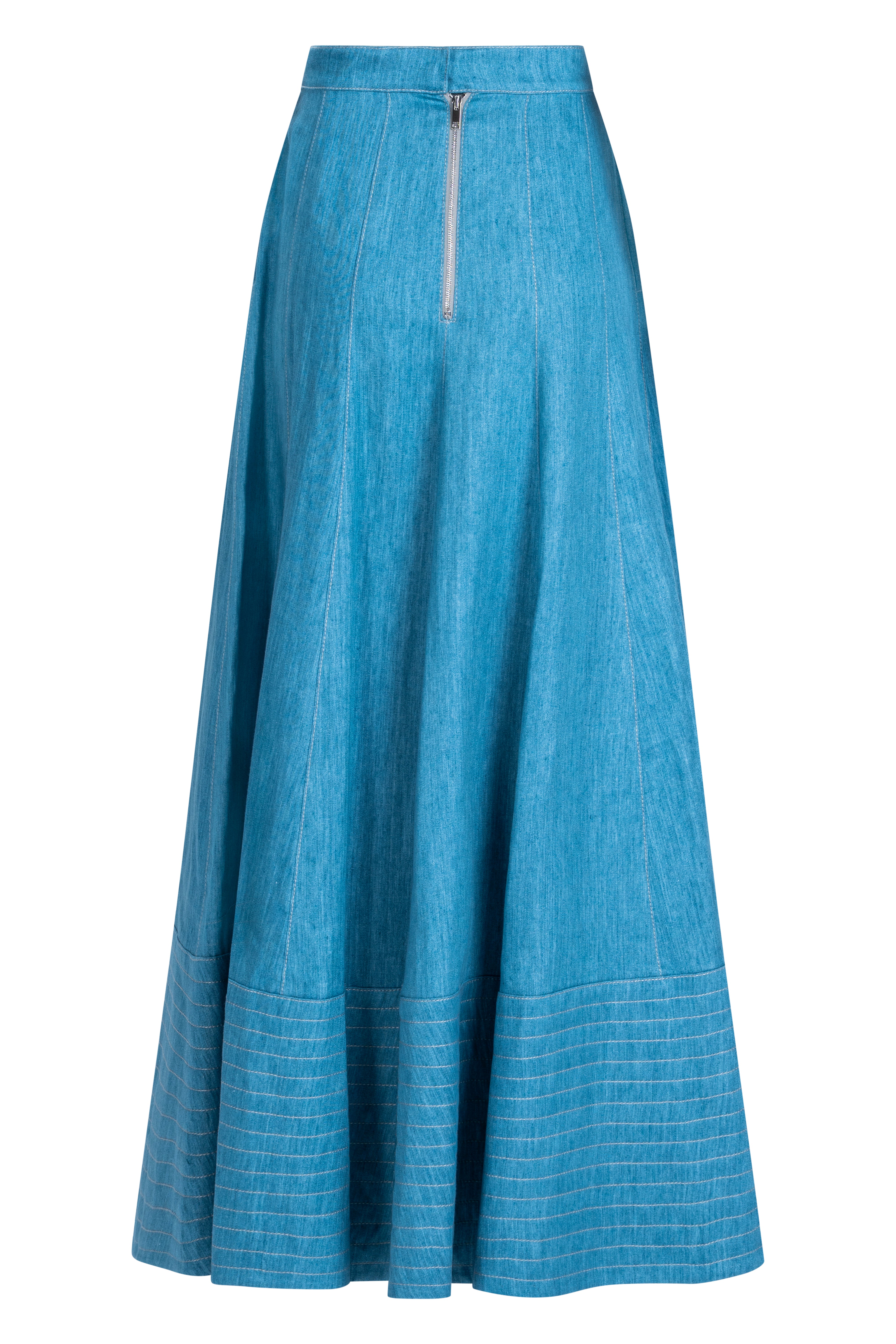 Blue quilted denim skirt, back view with zipper, contrast stitching