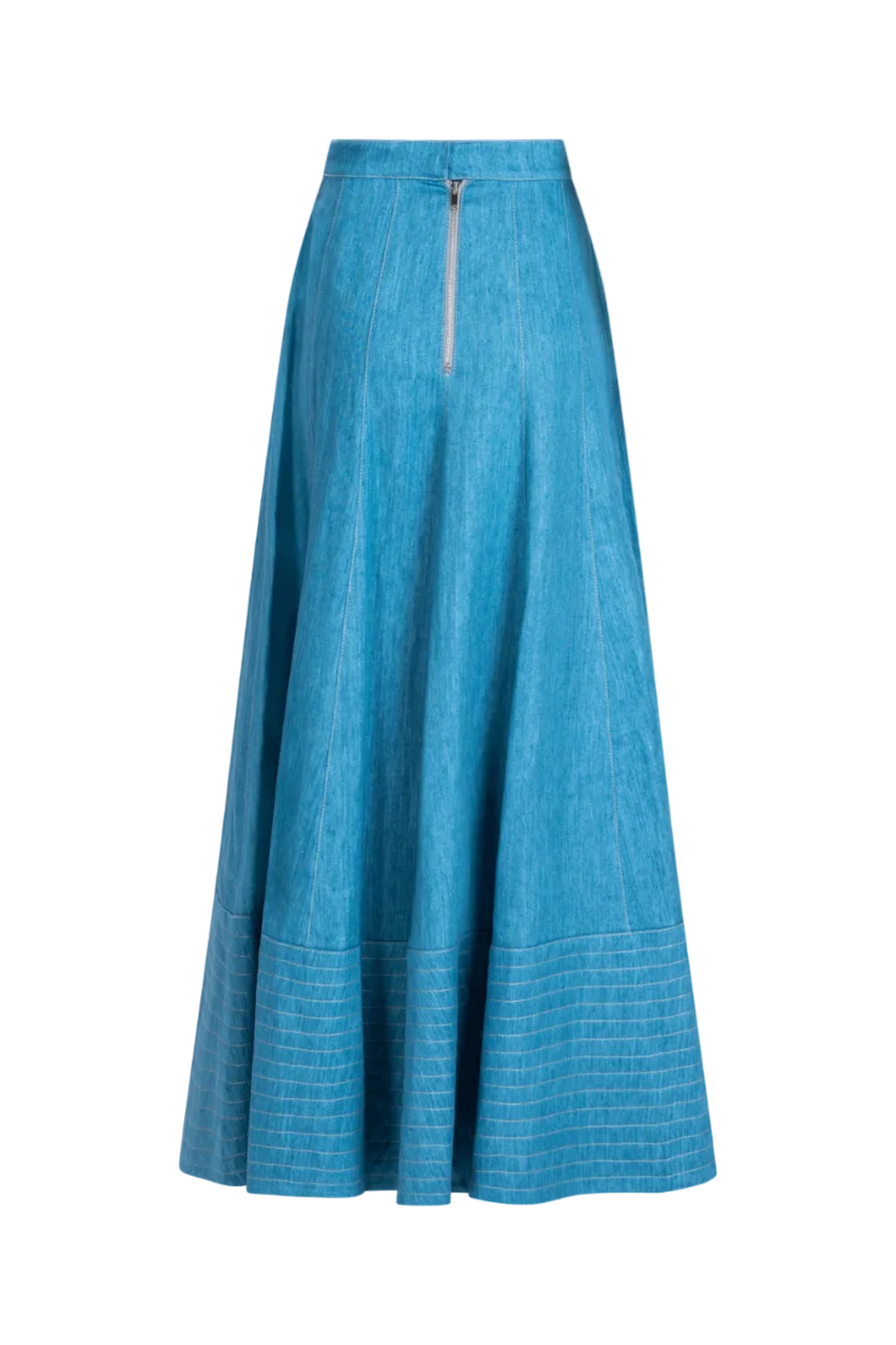 Blue quilted denim skirt, back view with zipper, contrast stitching
