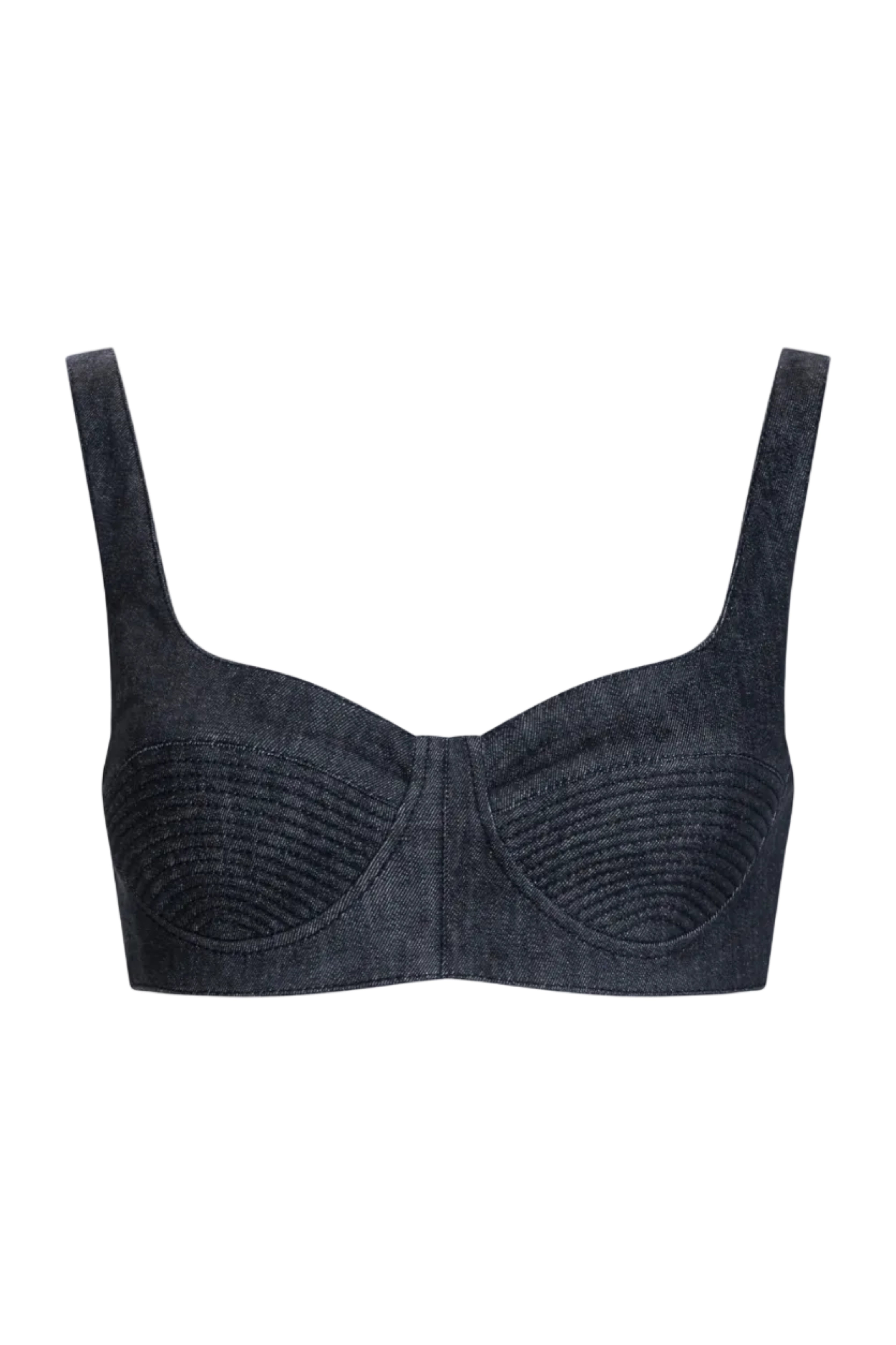 Quilted bustier top, dark indigo, front view with structured cups