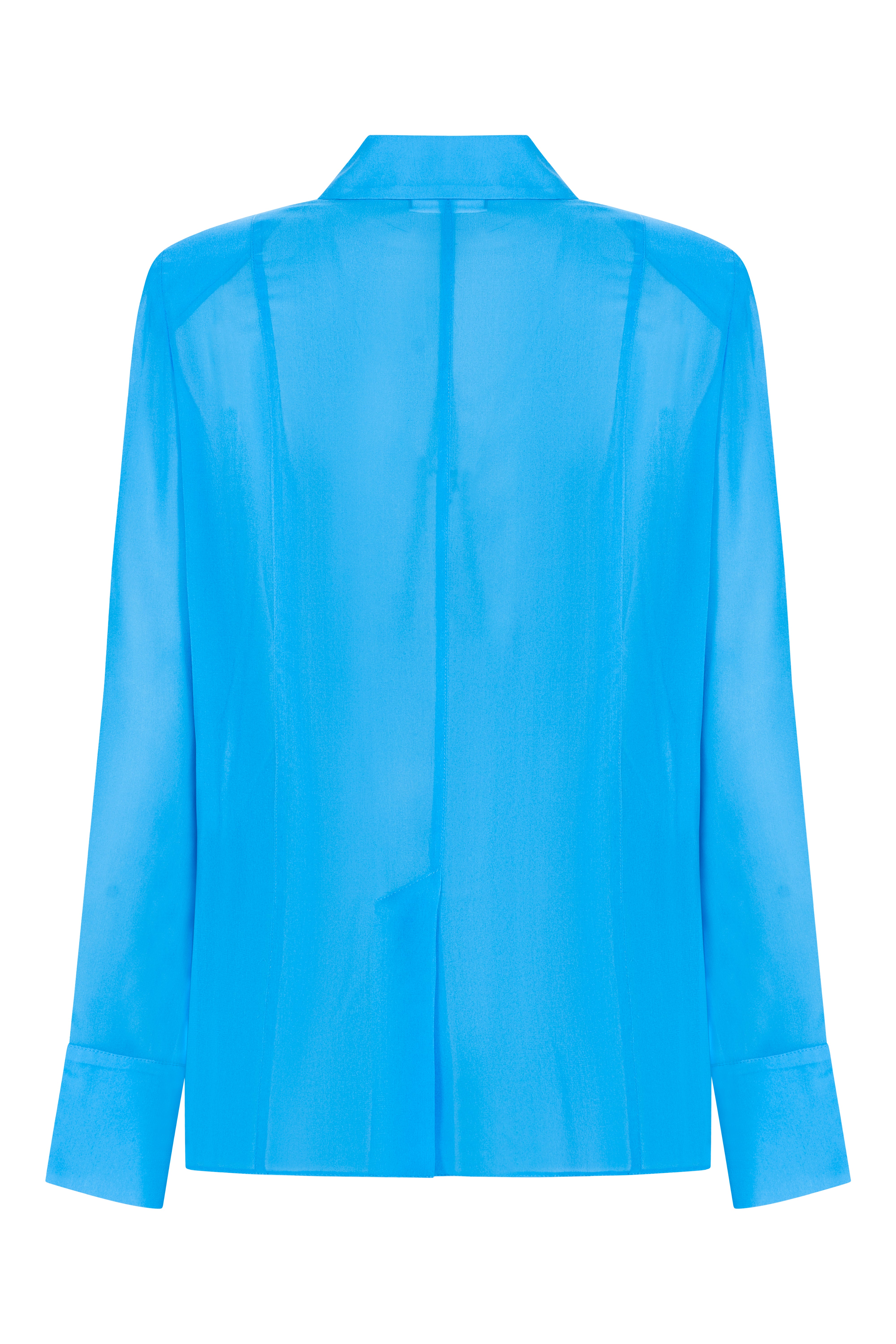 Blue silk shirt by SAGIO with relaxed fit and open cuff design back view
