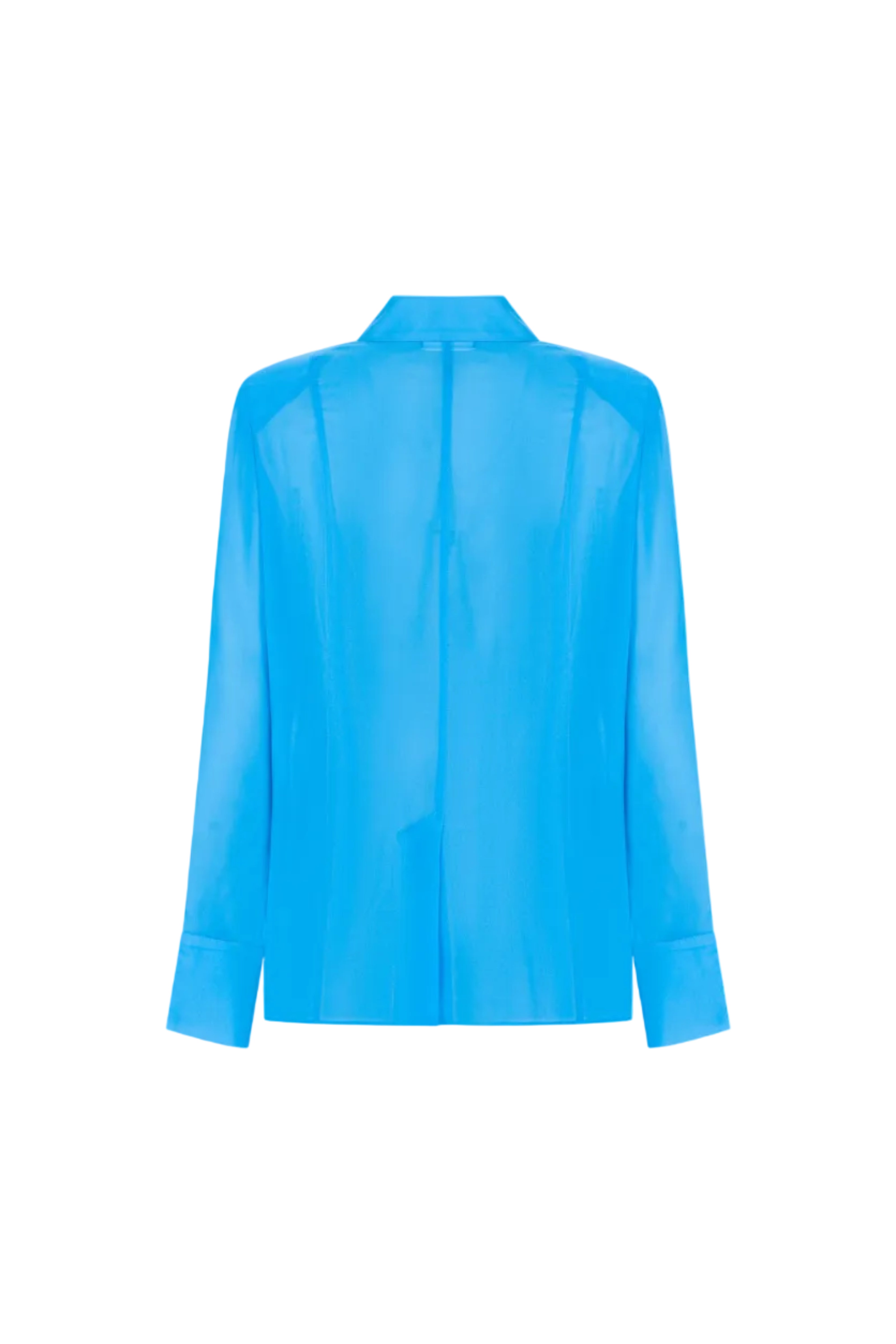 Blue silk shirt by SAGIO with relaxed fit and open cuff design back view