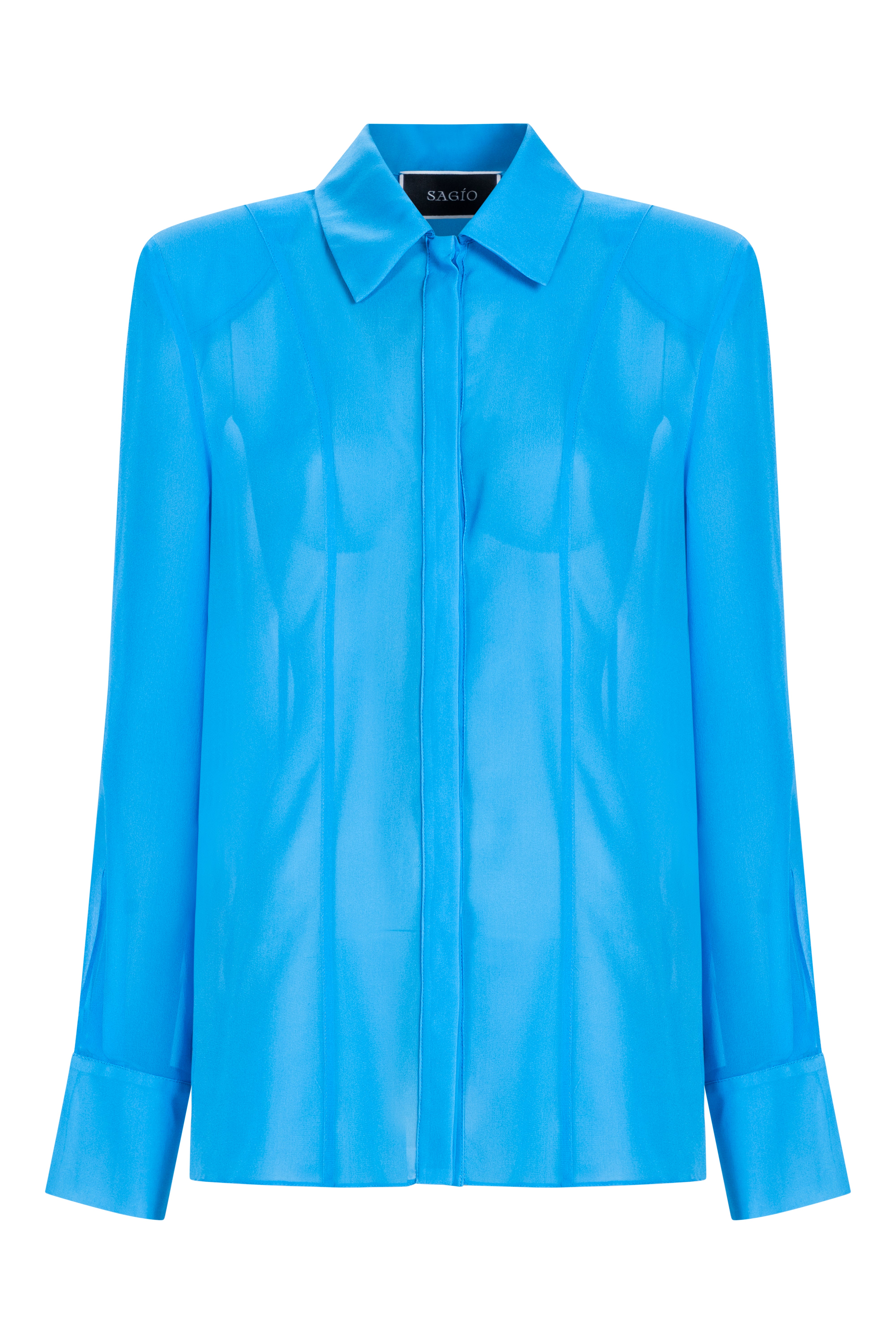 Blue silk shirt by SAGIO with soft sheen and long sleeves front view