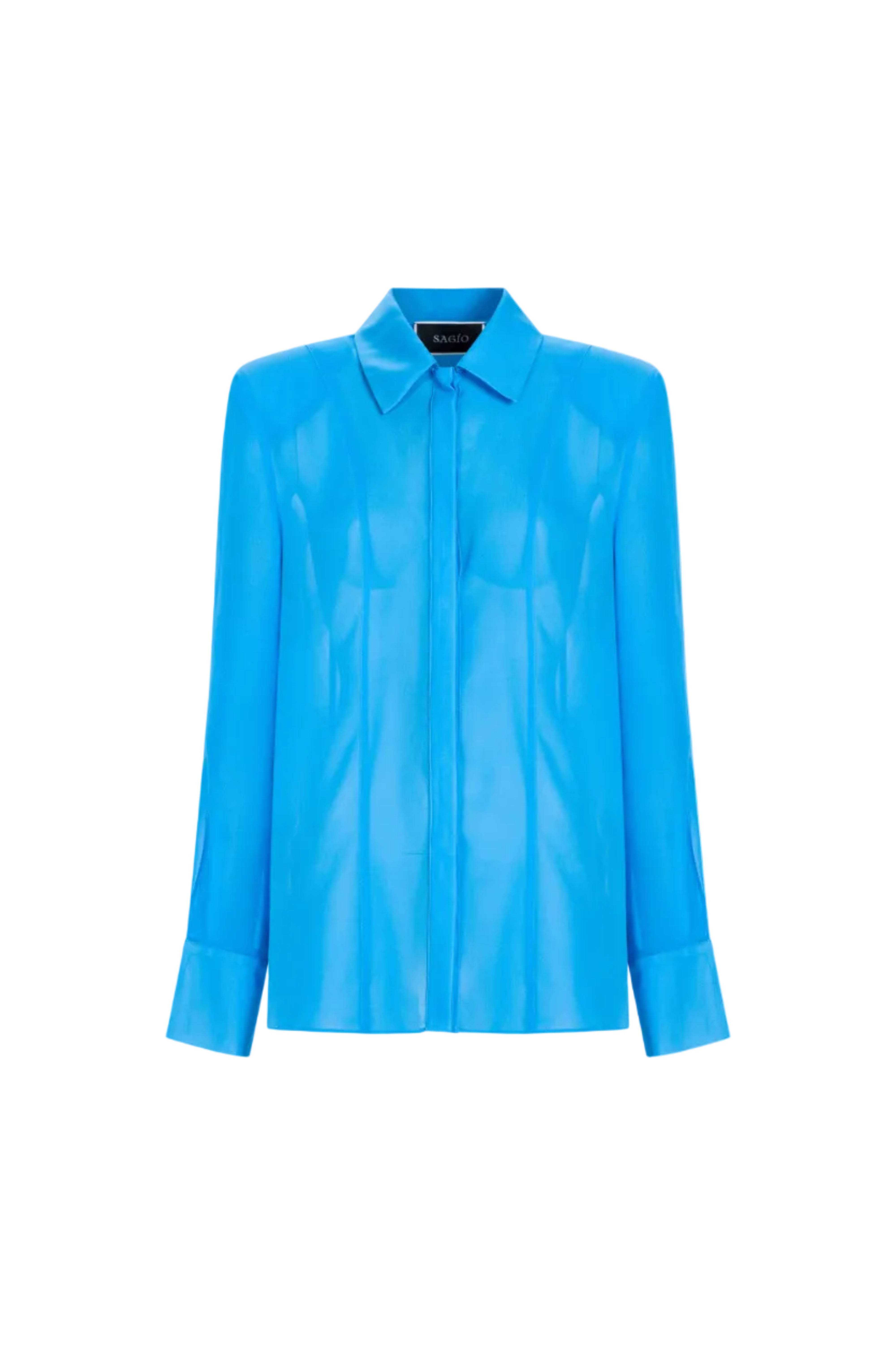 Blue silk shirt by SAGIO with soft sheen and long sleeves front view