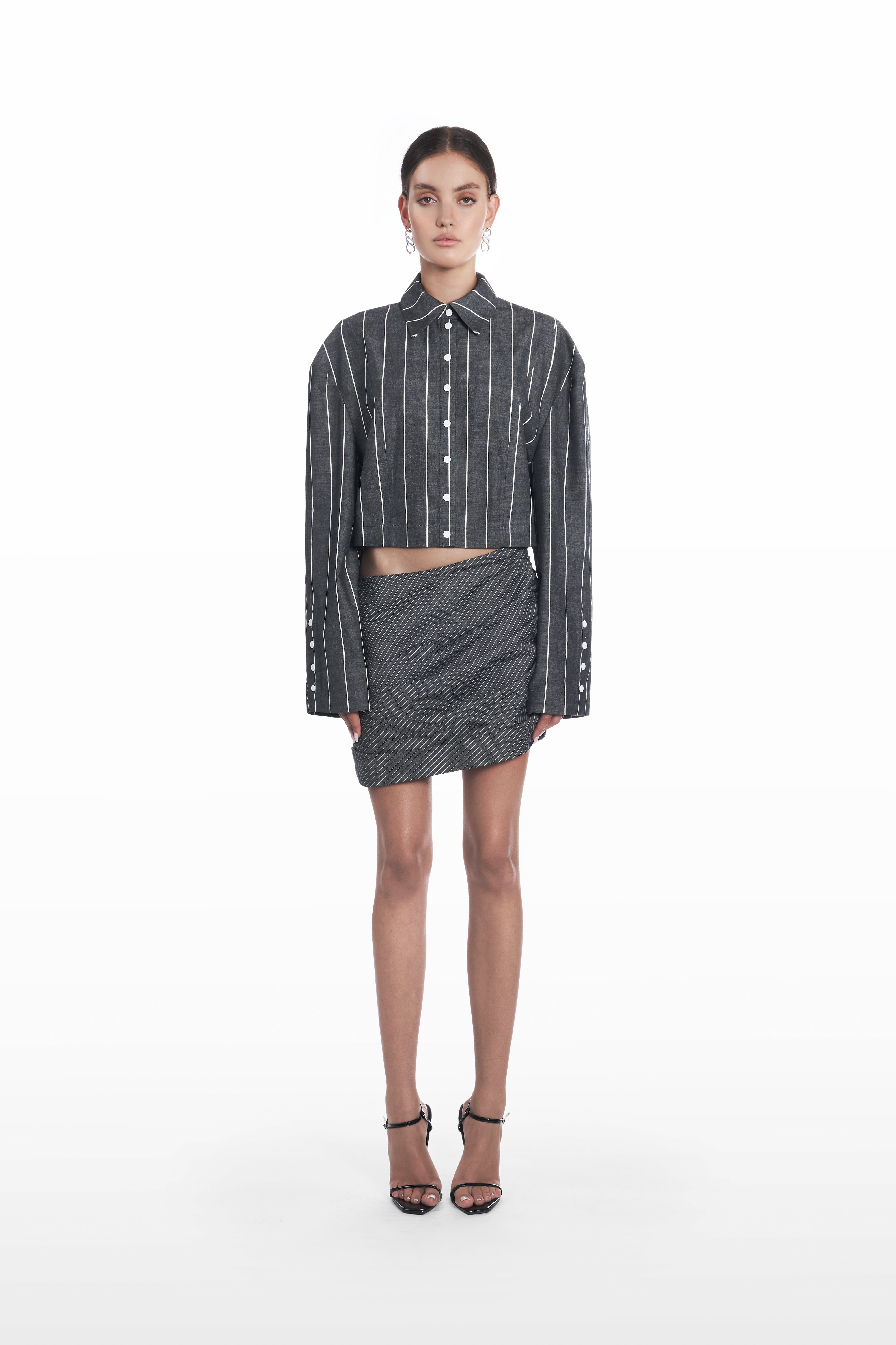 Wide Stripes Shirt in dark grey and white, front view, oversized striped designer shirt