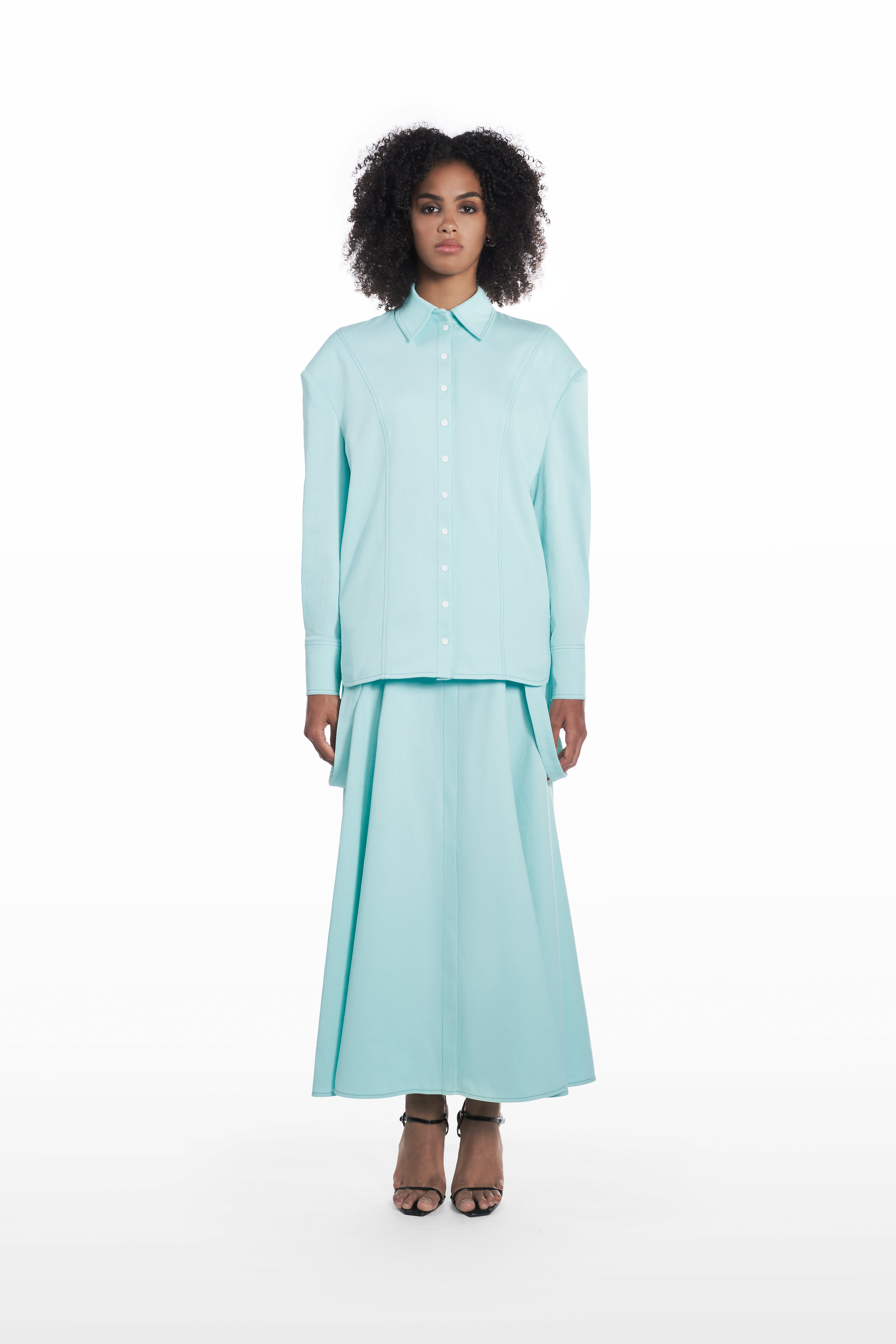 Oversize Falling Shoulder Shirt in Clear Aqua, front view, sculptural oversized cotton shirt with button front and soft structured shoulders