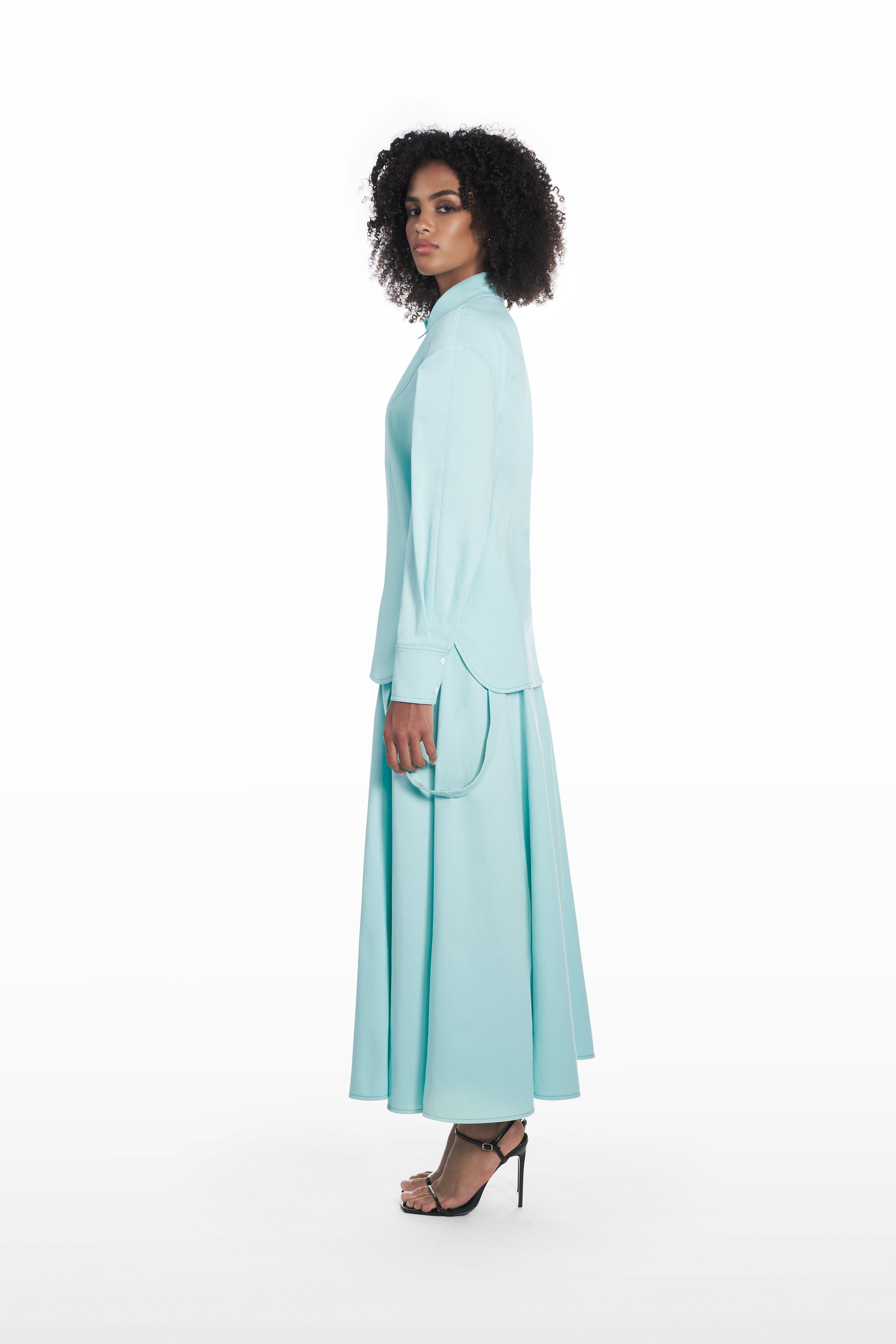 Oversize Falling Shoulder Shirt in Clear Aqua, side view, relaxed tailored cotton shirt with falling shoulder line and elongated silhouette