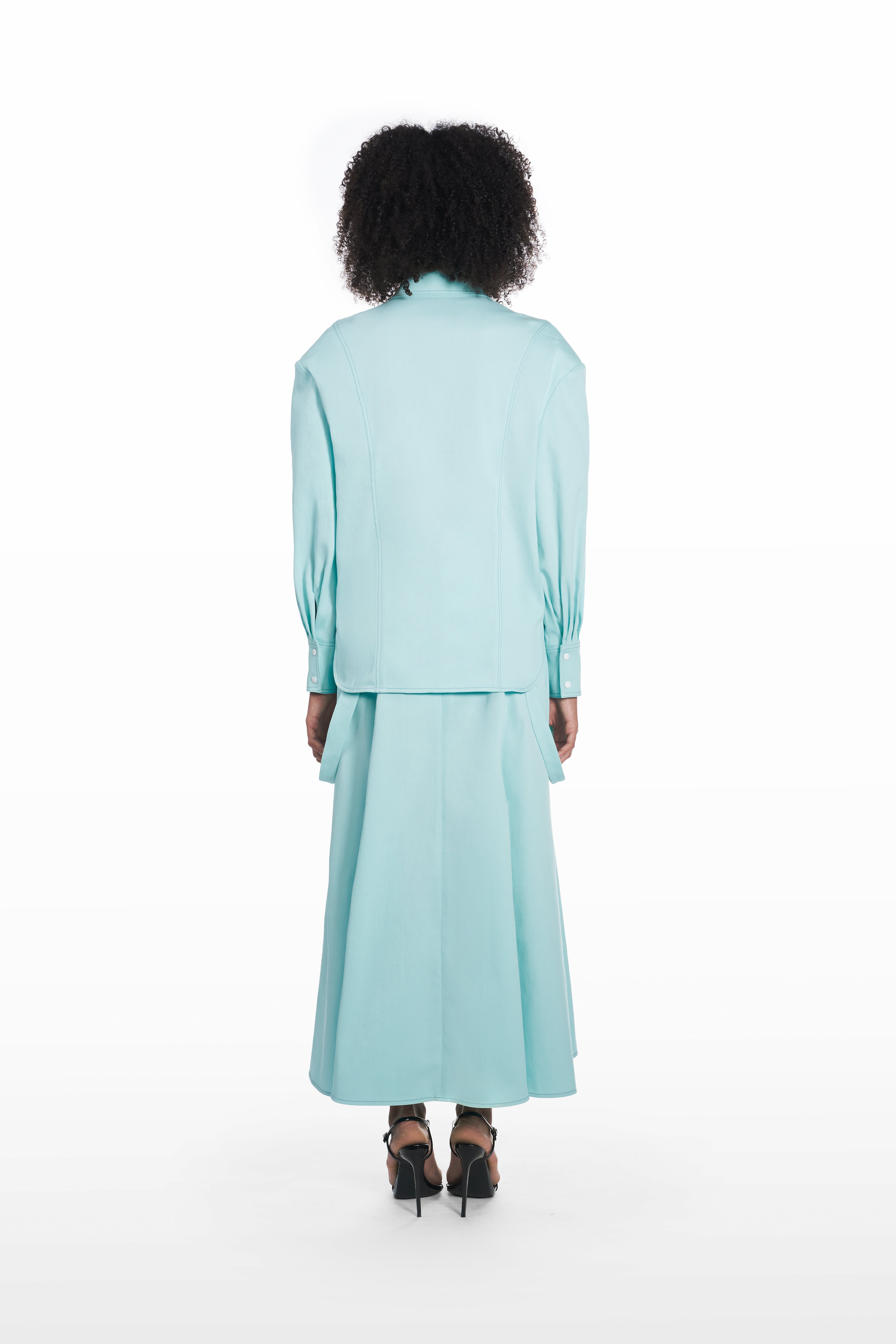 Oversize Falling Shoulder Shirt in Clear Aqua, back view, oversized structured cotton shirt with clean back line and sculptural drape